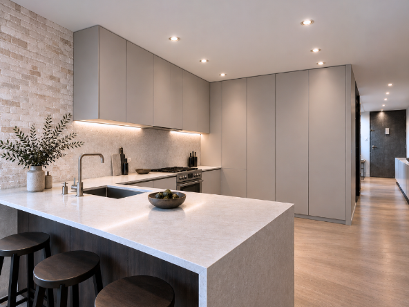 Loft kitchen after: greige flat-panel cabinetry, waterfall stone peninsula and warm undercabinet light