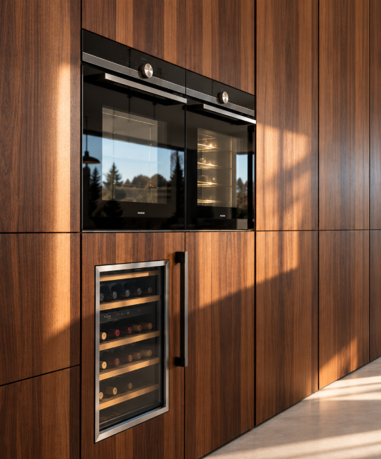 Detail of full-height walnut cabinetry with integrated black wall ovens and a built-in wine column