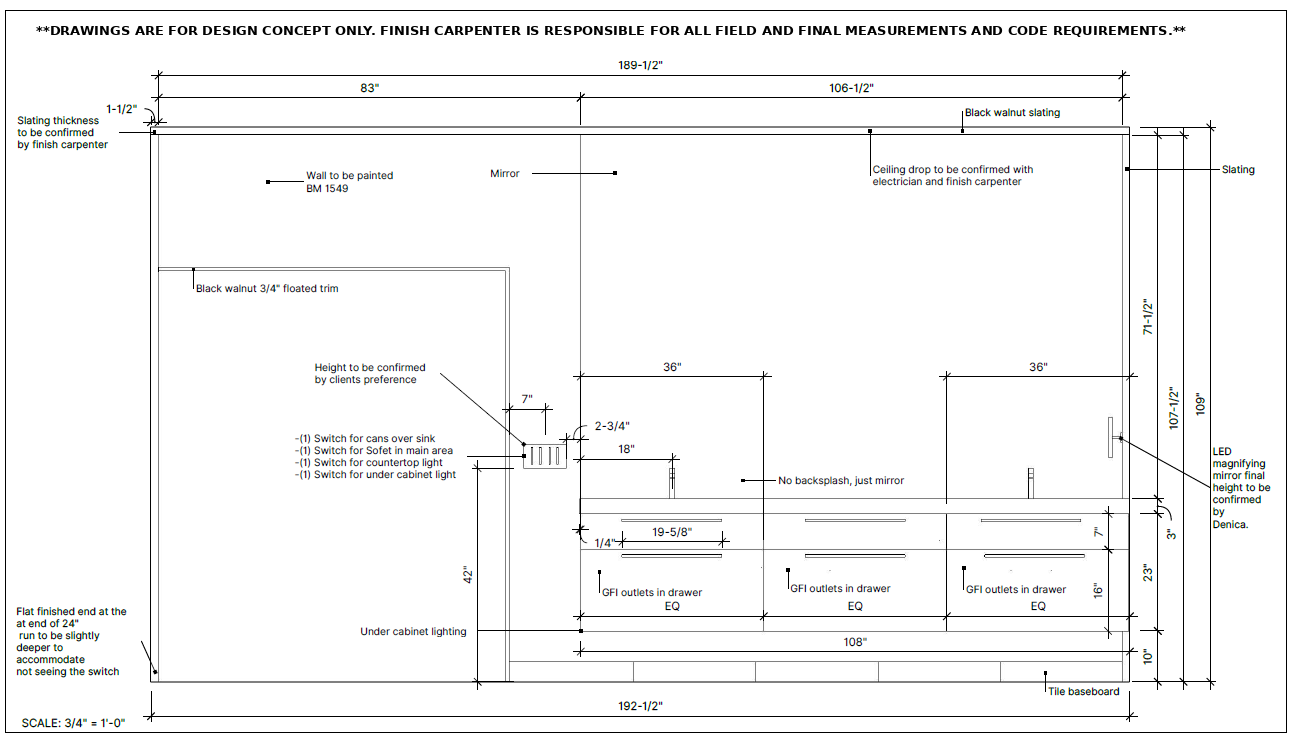 A detailed architectural or carpentry plan showing measurements, wall details, and electrical switches for a room design, including specifications for finishing and lighting.