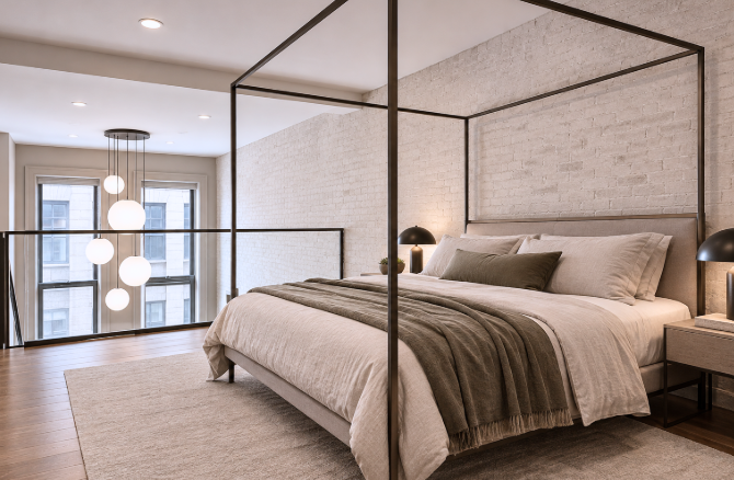 Loft sleeping loft after: black steel canopy bed, linen bedding and globe pendants