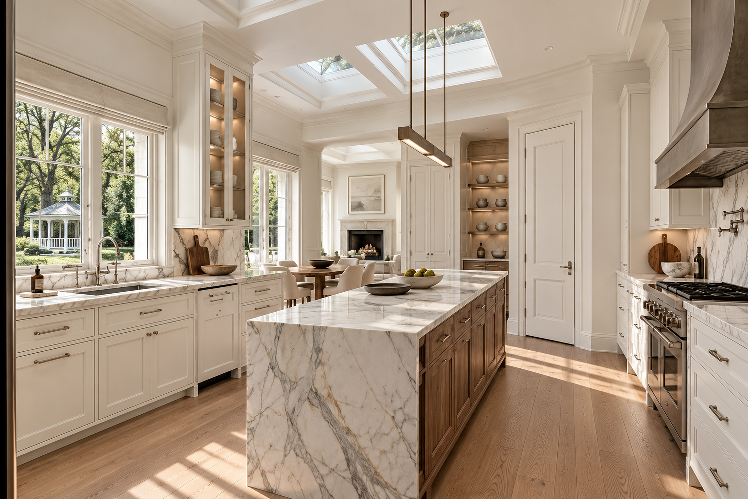 Atherton kitchen after: white and walnut cabinetry with a marble waterfall island