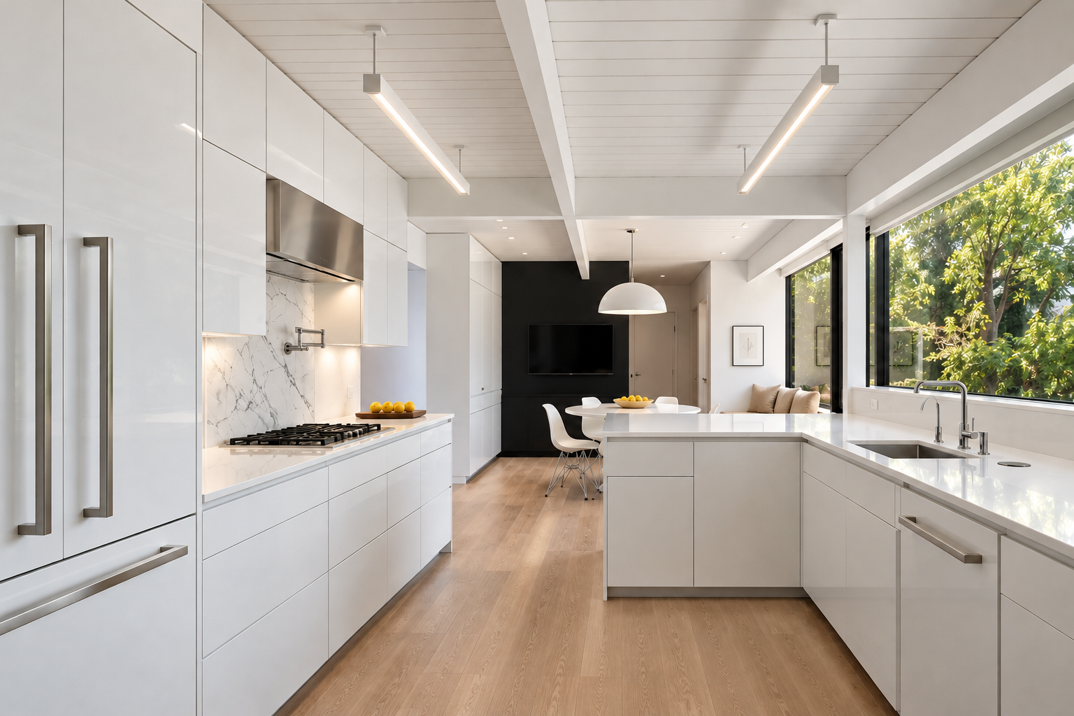 Eichler Residence kitchen in white lacquer with marble backsplash, oak floors and garden windows