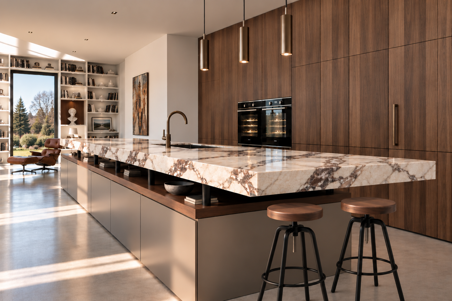 Kitchen concept with full-height walnut cabinetry, a thick veined marble island with walnut and steel stools, bronze pendants and an adjoining library wall