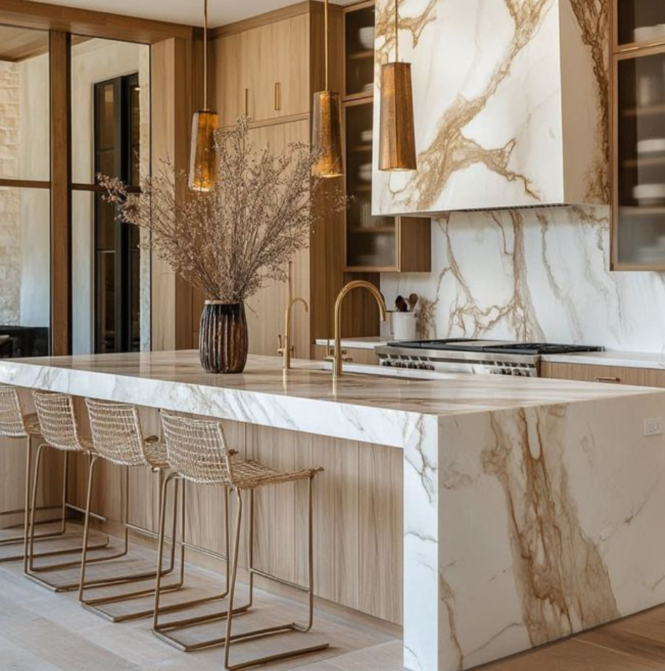 Kitchen with marble waterfall island and range hood, oak cabinetry and brass pendants designed by KP Kitchen Design