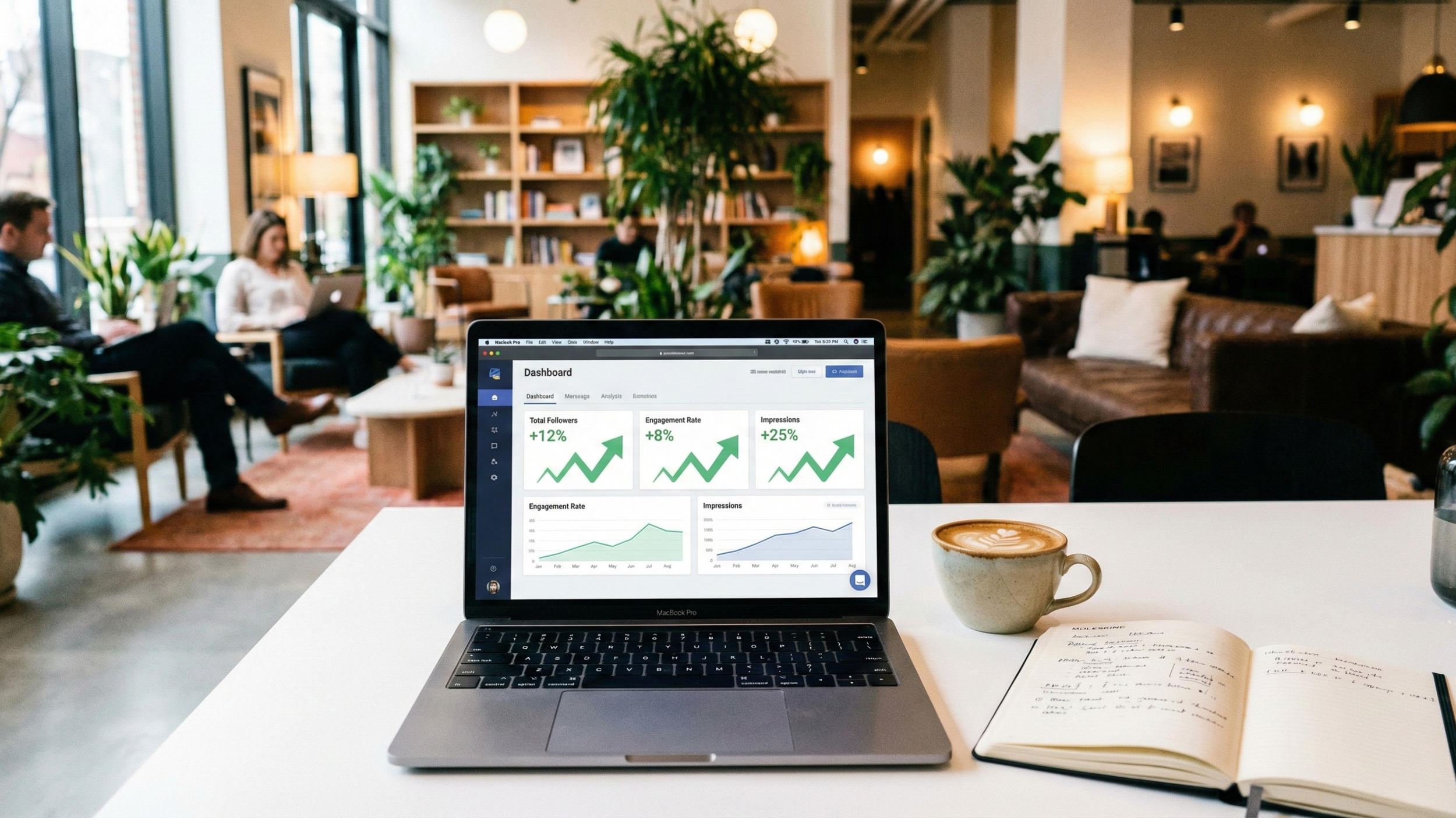 Laptop displaying social media analytics dashboard with growth statistics, a cup of coffee, and a notebook on a white table in a modern, cozy coffee shop.