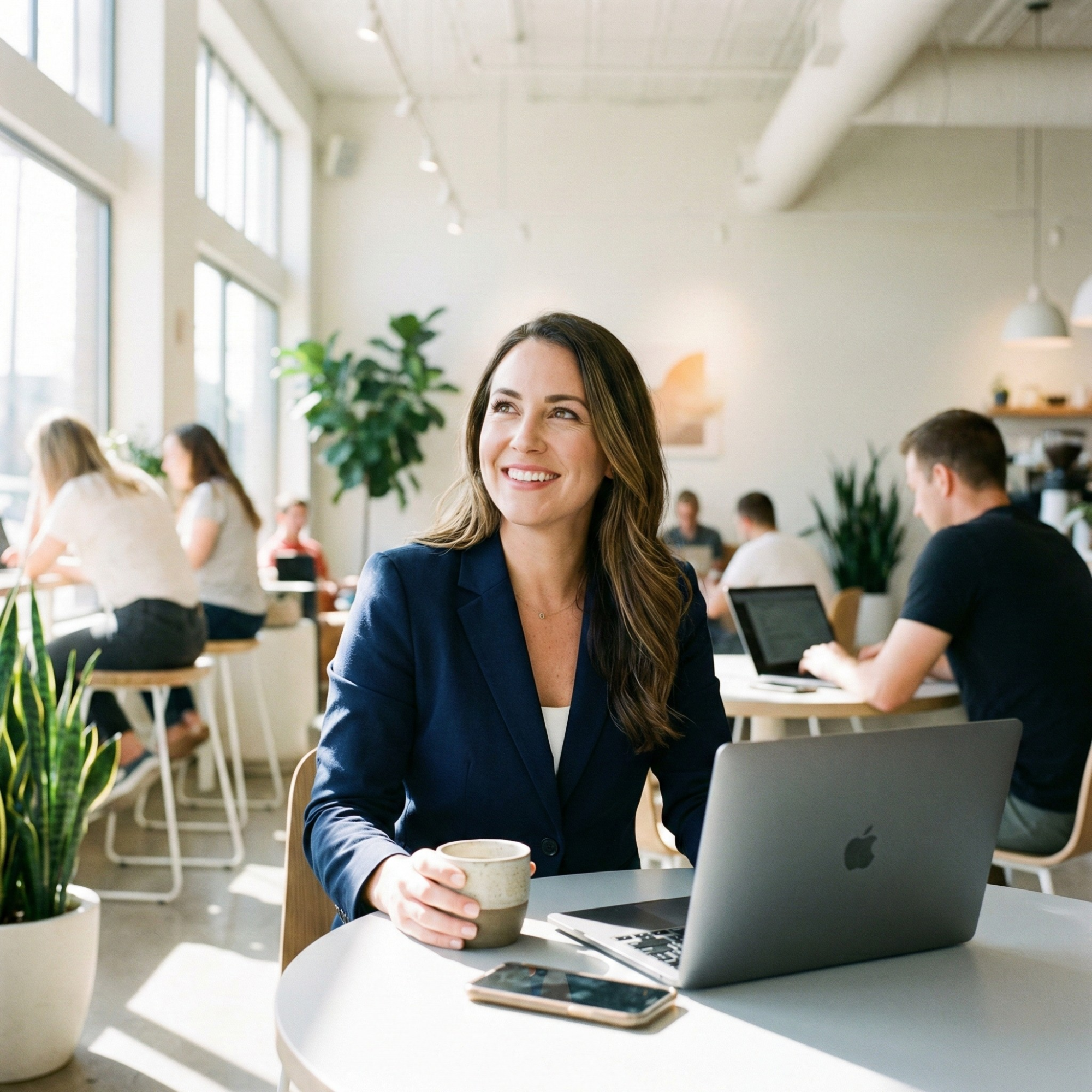 A woman in a blue blazer sitting at a table with a laptop, coffee mug, and smartphone in a bright modern café with people working in the background.