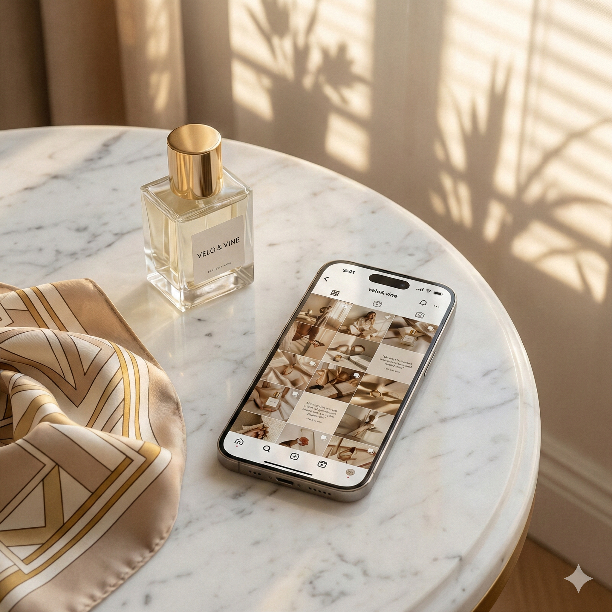 A marble tabletop features a bottle of perfume labeled 'VELO & VINE,' a smartphone displaying an Instagram feed with beige-toned images, and a silk scarf with geometric patterns in beige and gold. Sunlight filters through window blinds, casting shadows of plant leaves on the wall.