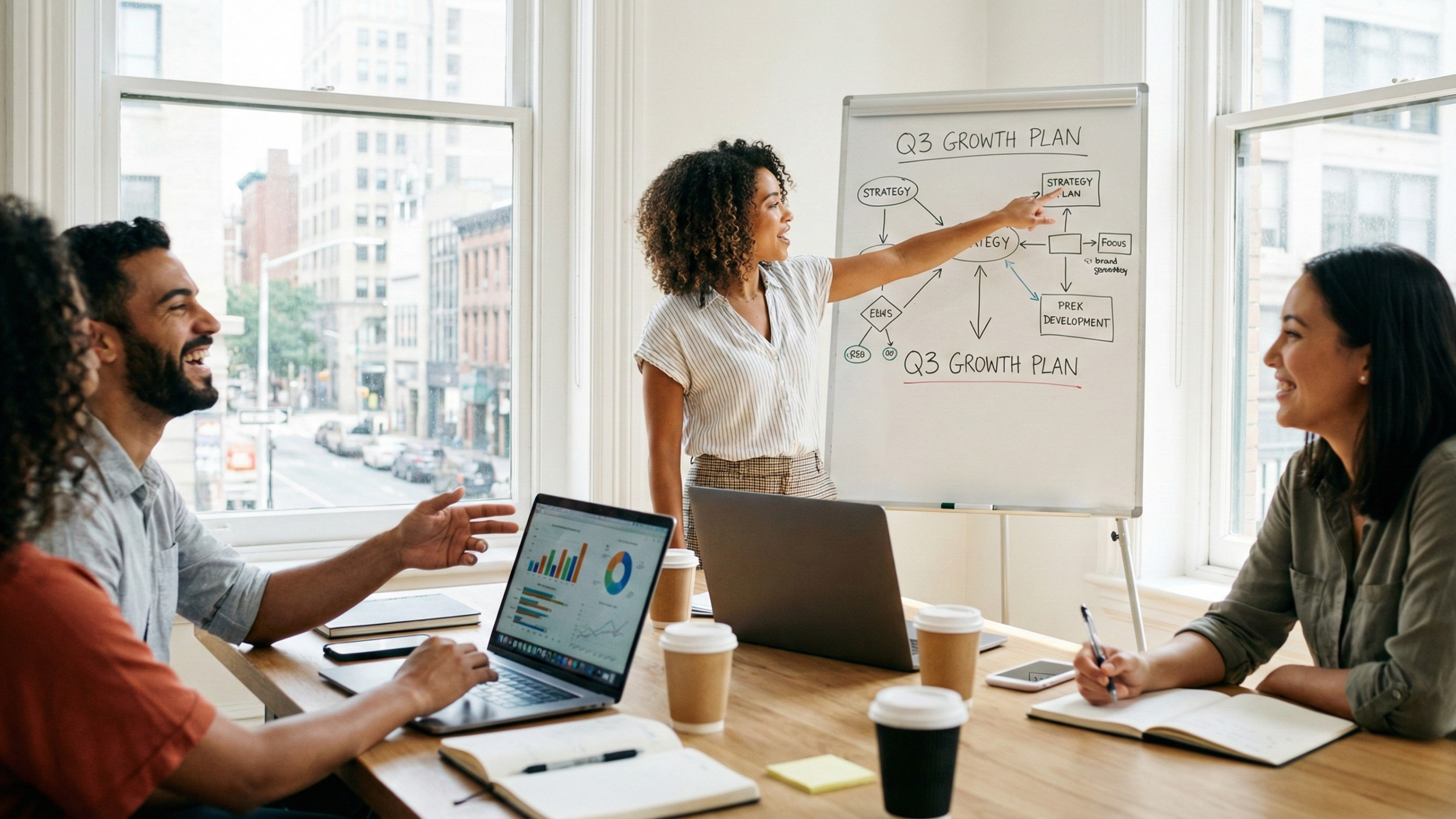 A woman presenting a growth plan to a group in a bright meeting room with large windows, while three colleagues listen and take notes.