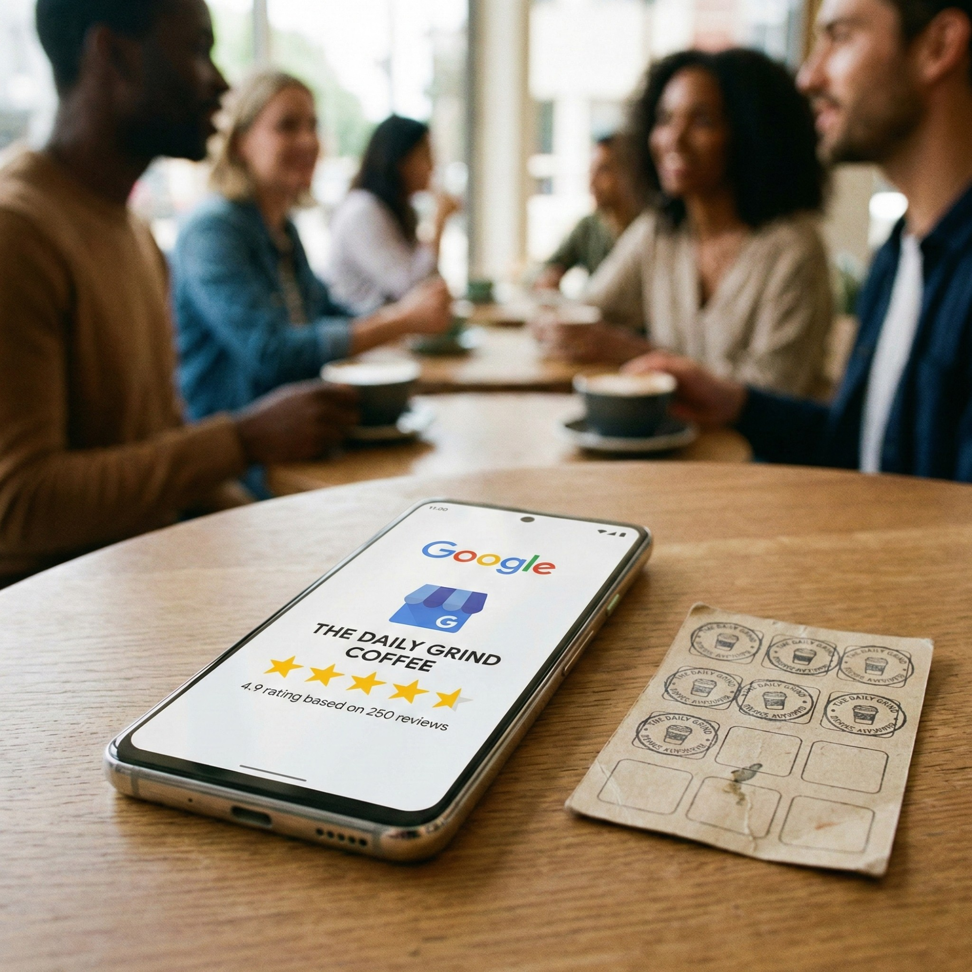 Smartphone on a round wooden table displaying Google search results for THE DAILY GRIND COFFEE with a 4.5-star rating based on 250 reviews, next to a used coffee punch card, with people sitting at a cafe in the background.