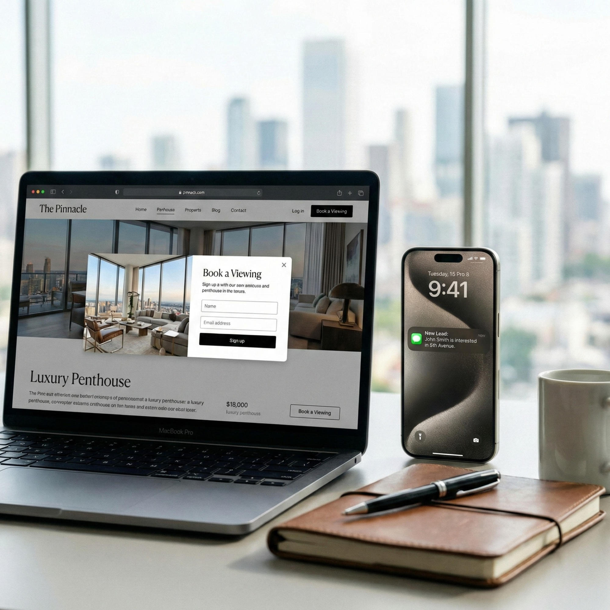 A laptop displaying a real estate website for a luxury penthouse, with a pop-up for booking a viewing, a smartphone with a notification, a notebook, and a pen on a desk in front of a large window showing a city skyline.