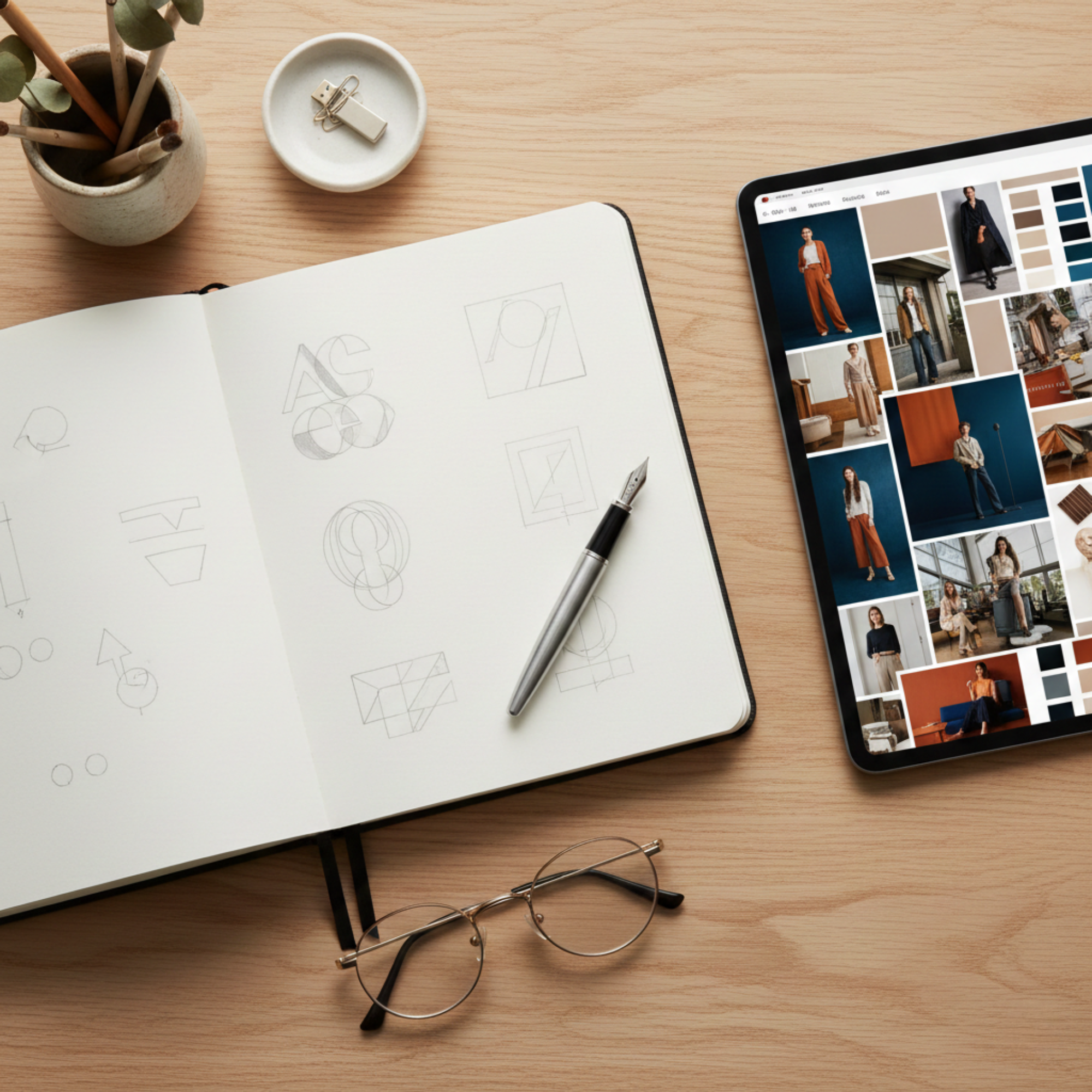Overhead view of a workspace with a sketchbook, a tablet displaying fashion photos, glasses, a pen, and various small office supplies on a wooden desk.