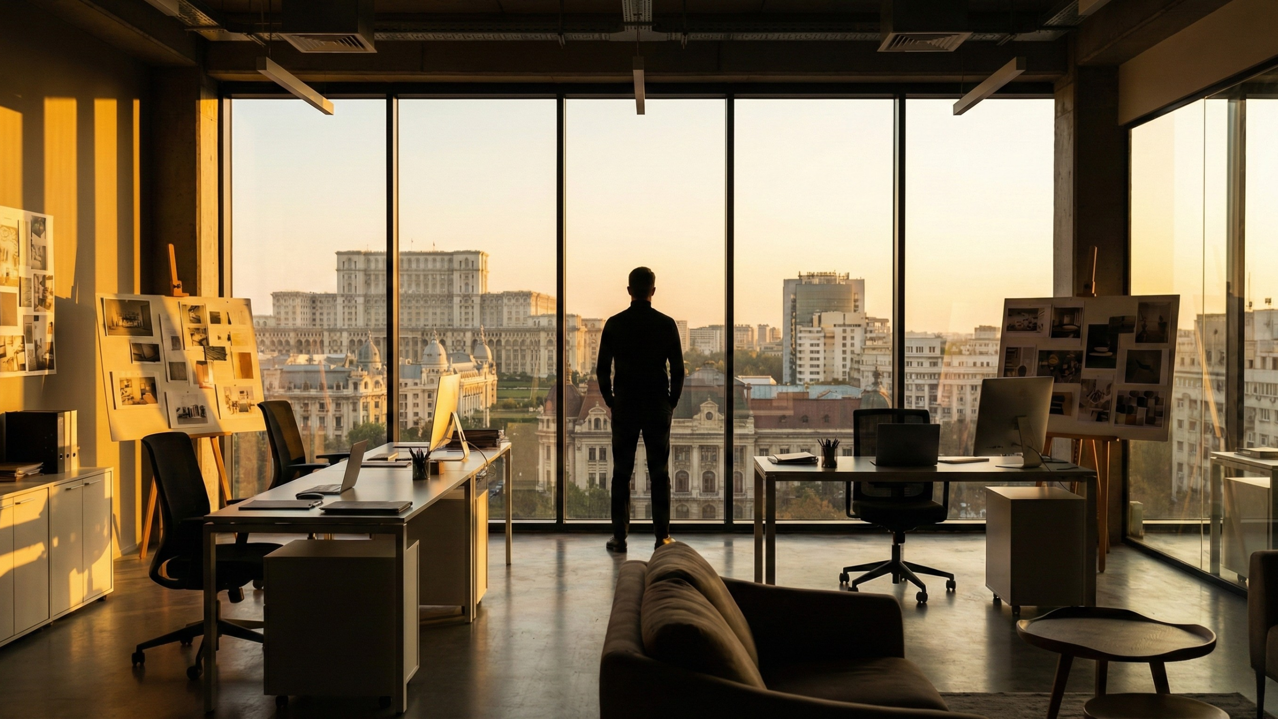 A man in black stands inside an office, looking out over a city skyline through large glass windows at sunset.