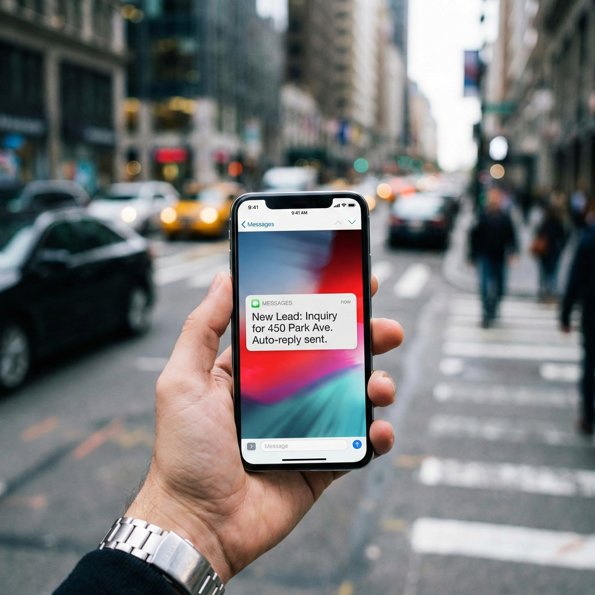 A person holding a smartphone displaying a text message about a new lead inquiry at 450 Park Ave. on a busy city street with cars, taxis, and pedestrians.