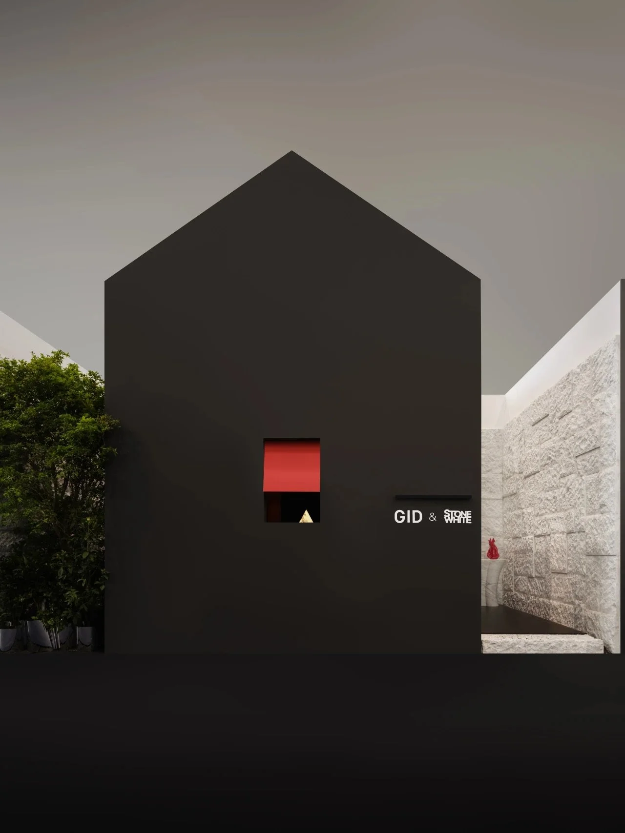 A modern black building with a small window, the surrounding includes greenery on the left and a white stone wall on the right. There is a sign that reads 'GID & STONE WHITE'.