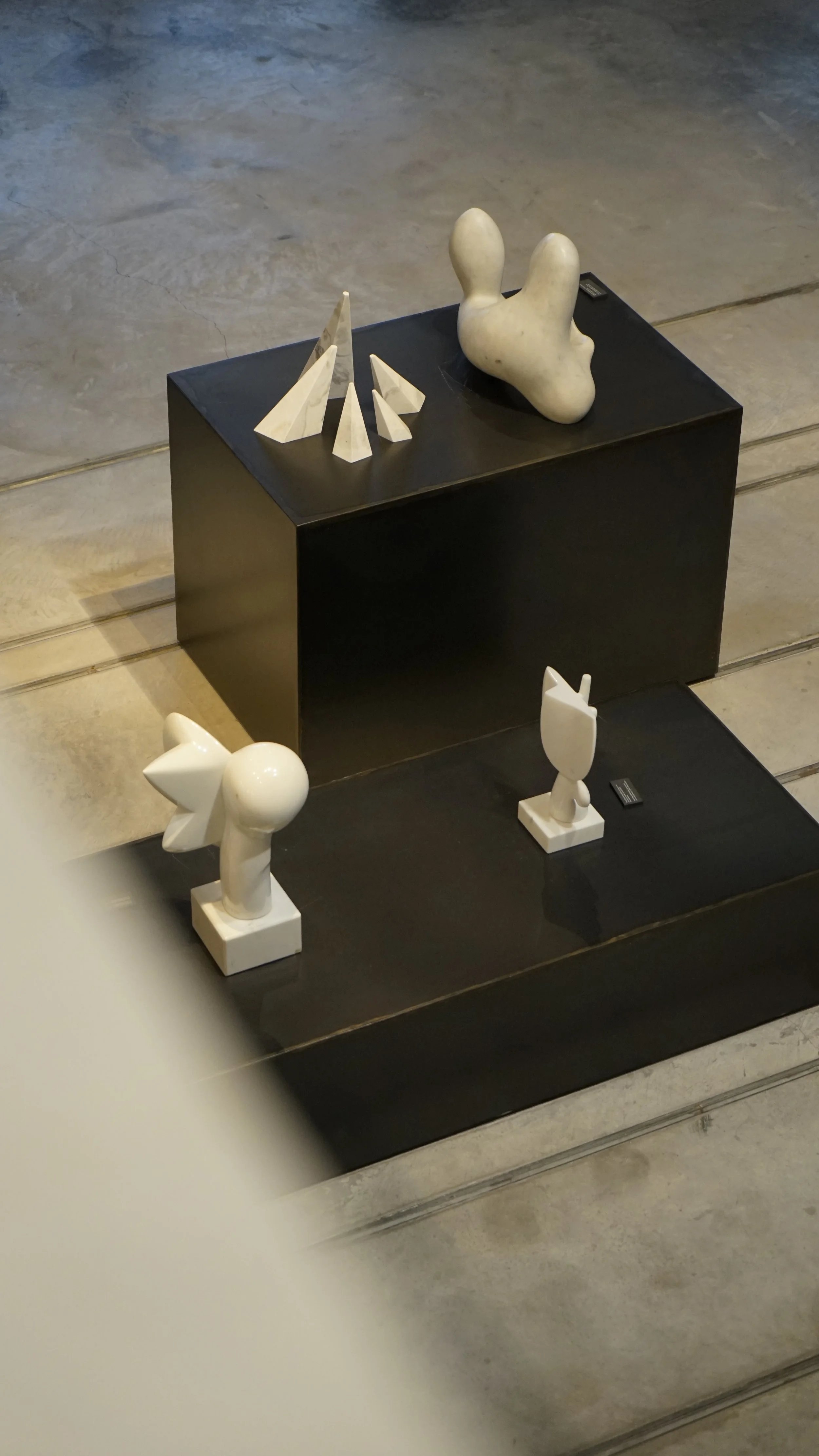 Museum display of abstract white sculptures on black platforms, including cone-shaped and rounded forms.