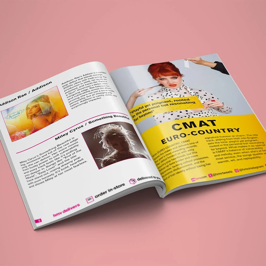 An open magazine featuring a woman with red hair and a polka dot top on the right page, and a woman with blonde hair on the left page.