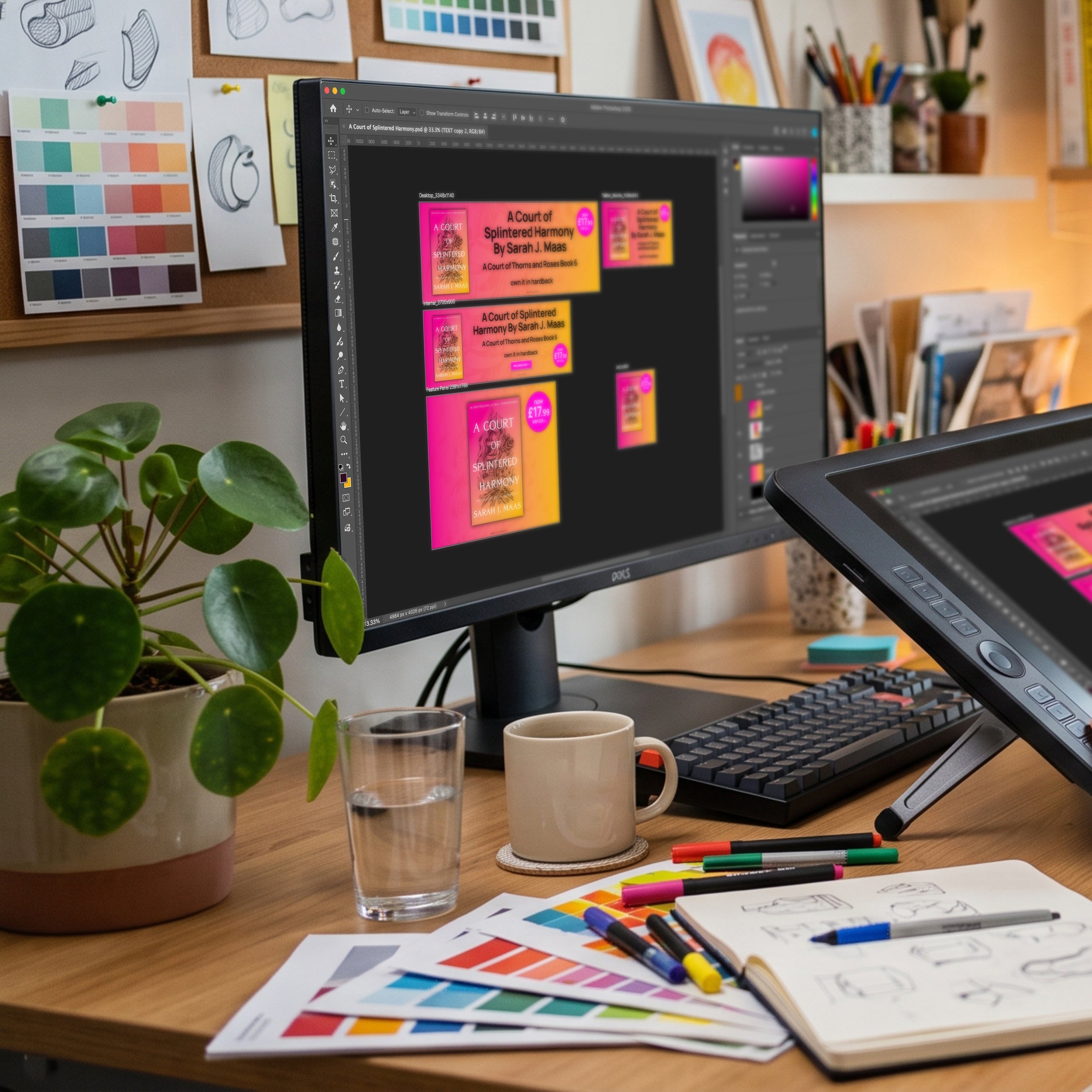 A workspace with a computer monitor displaying a graphic design project, color swatches, pens, paper sketches, coffee mugs, and a potted plant on a wooden desk.