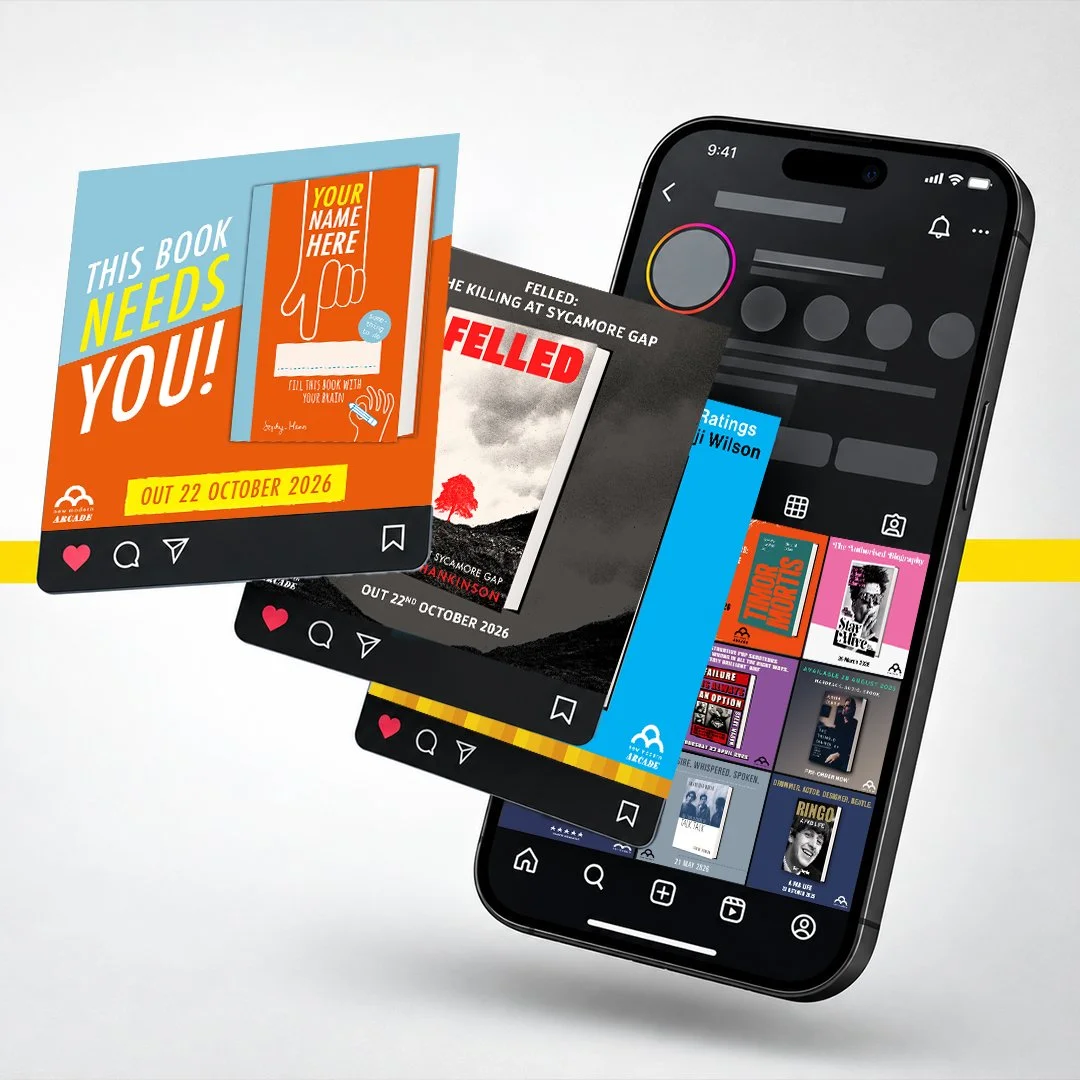 Smartphone displaying social media interface with floating digital book covers, including a graphic promoting a book release
