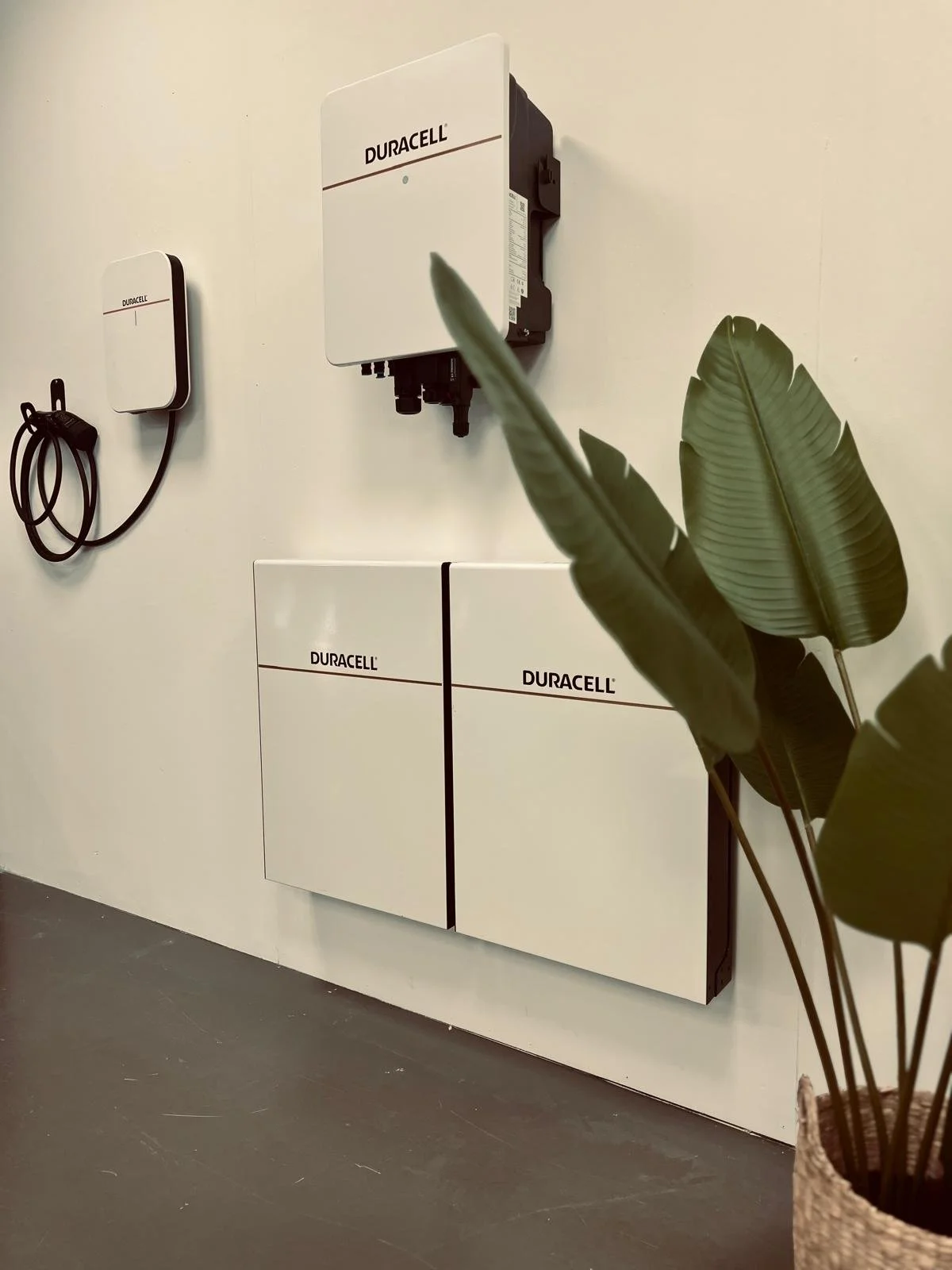 A wall of the Duracell Energy Battery System range, including solar batteries, inverter and EV charger.