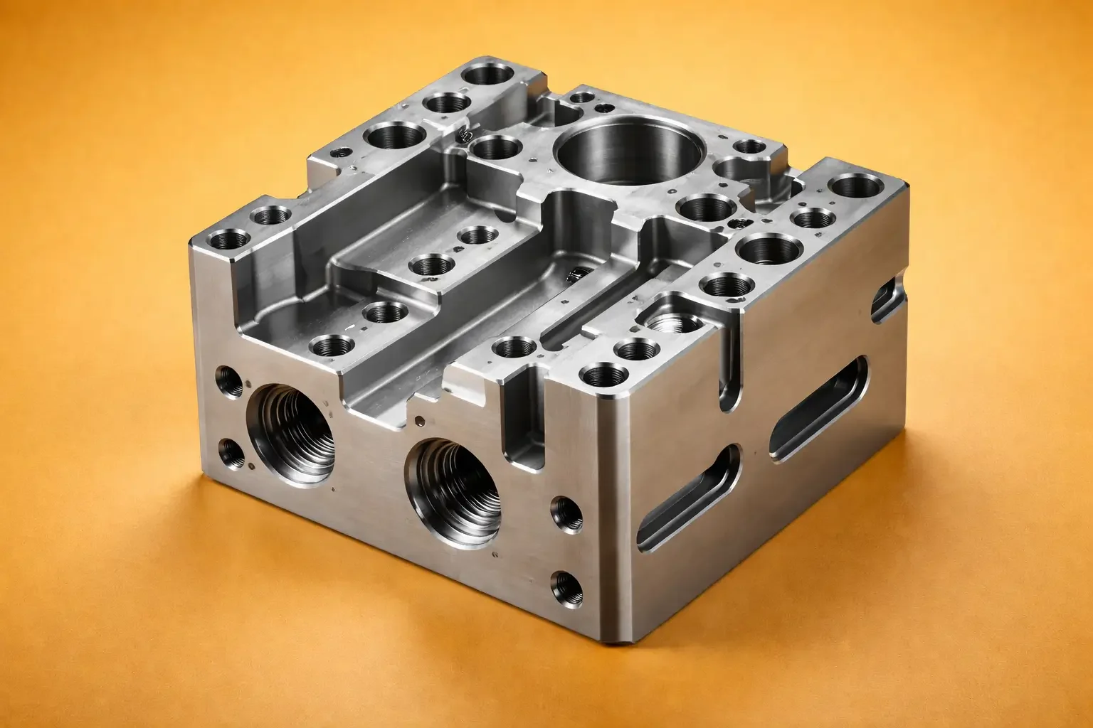A metallic engine block with multiple holes and cavities, placed on an orange surface.