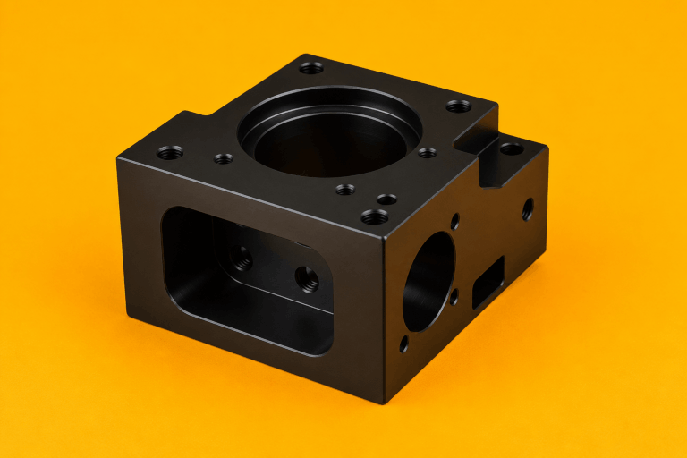 A black, rectangular metal component with multiple holes and cutouts, placed on a yellow background.