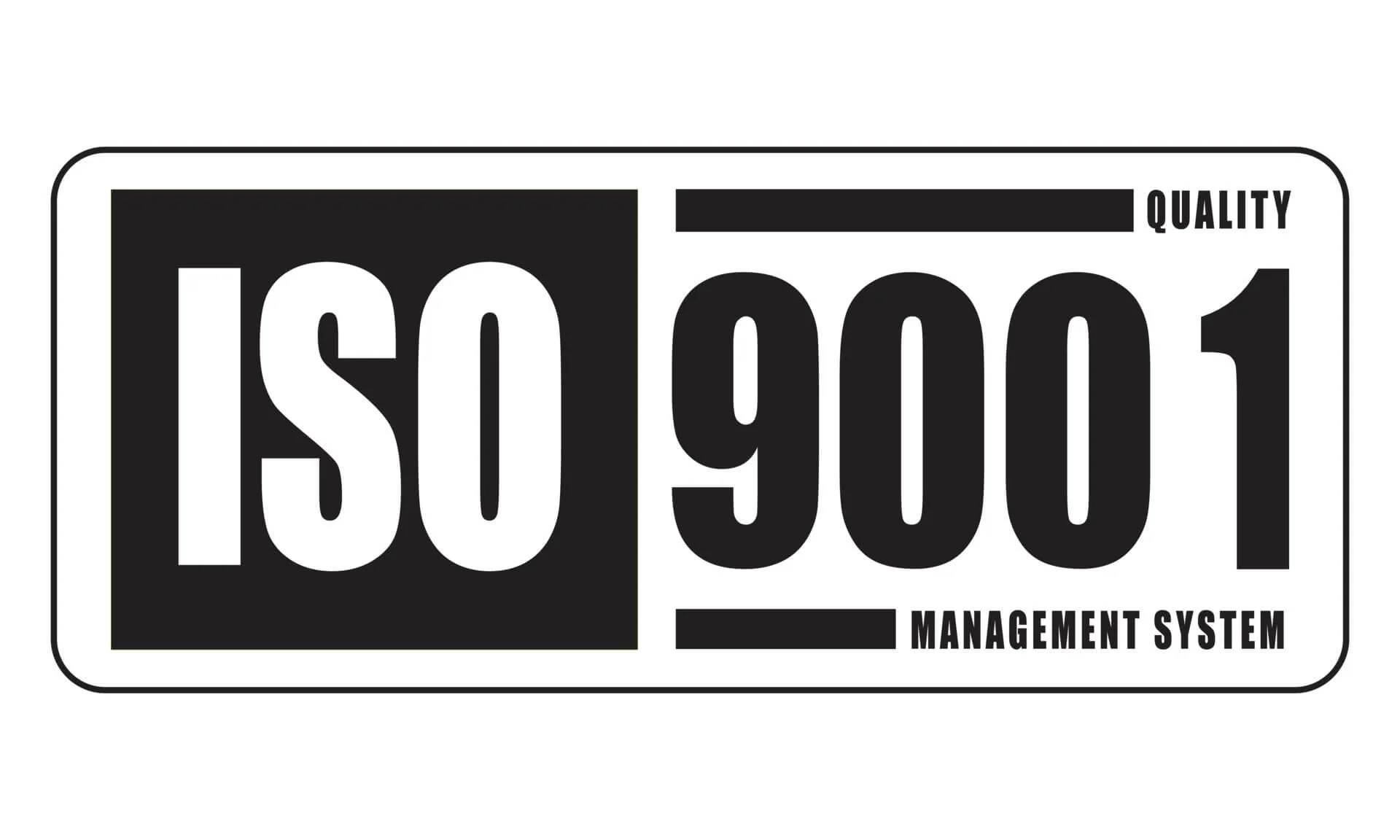 Close-up view of an ISO 9001 management system certification label with bold black and white text.