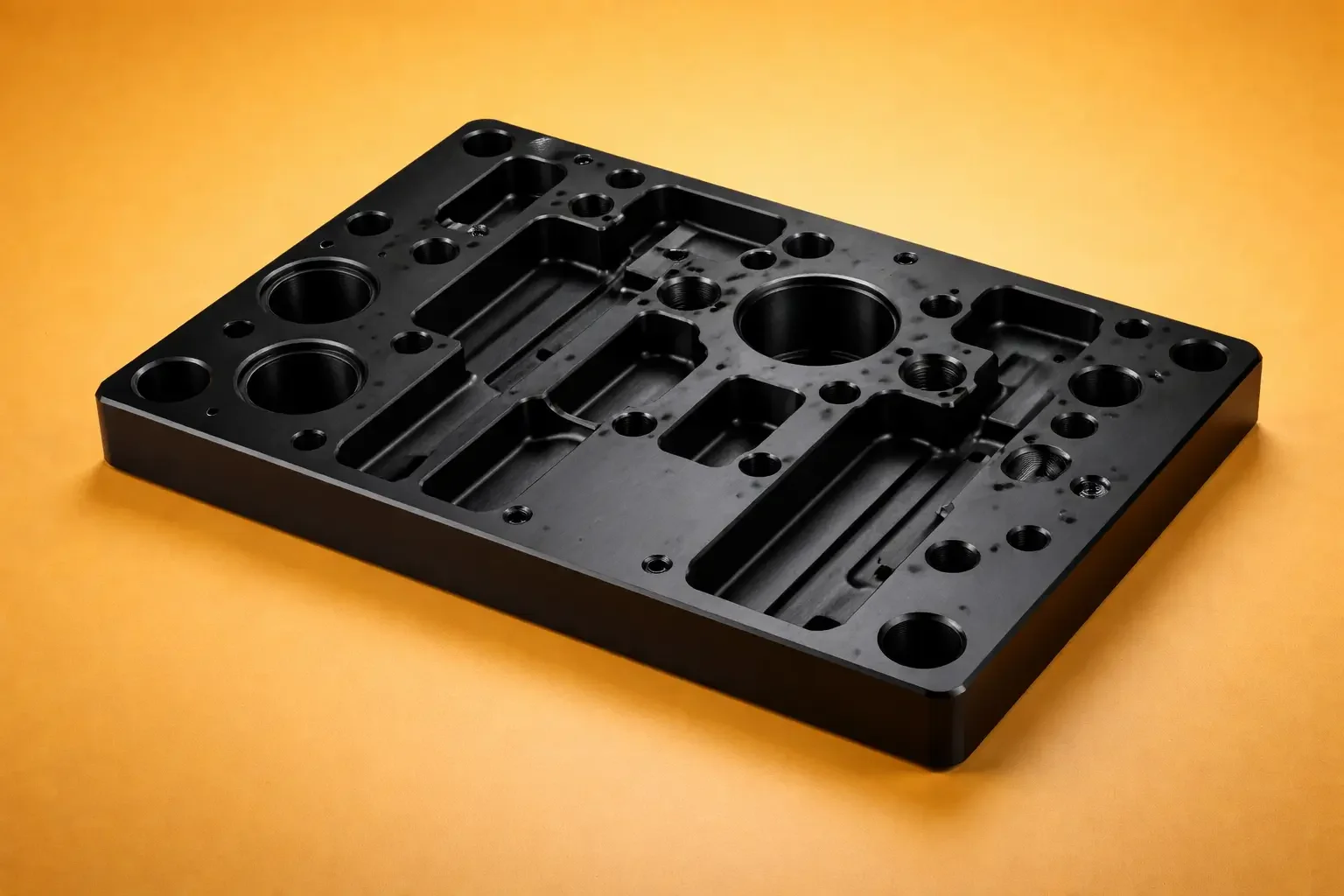 A black metal mechanical component with various drilled openings and cavities, placed on an orange background.