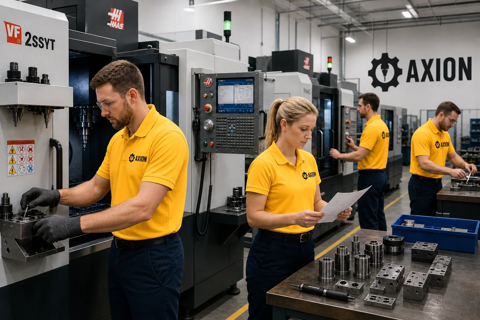 Manufacturing workers in yellow shirts working on CNC machines in a factory, with metal parts on a worktable and an AXION logo on the wall.