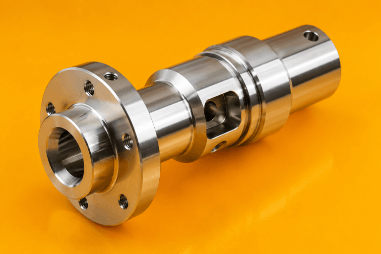 A shiny metal industrial component with multiple holes, set against an orange background.