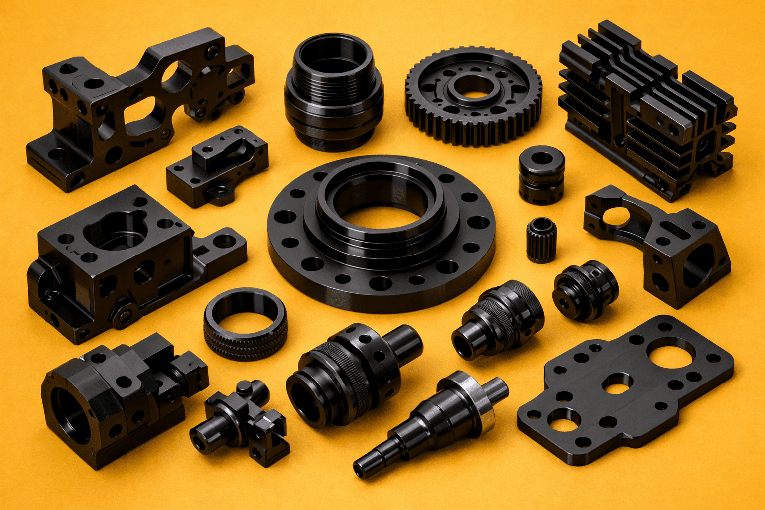 Various black metal mechanical parts and gears on an orange background.
