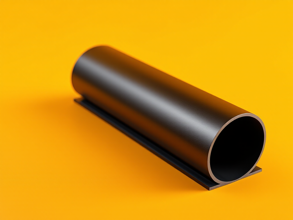 A black cylindrical pipe with a matte finish positioned on a small black stand against a bright yellow background.