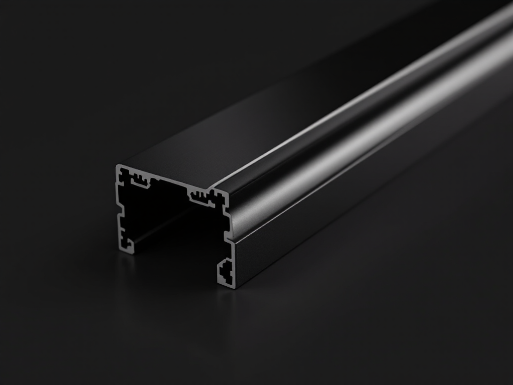 A close-up of a black aluminum extrusion profile with a hollow, rectangular cross-section and multiple internal chambers, set against a dark background.