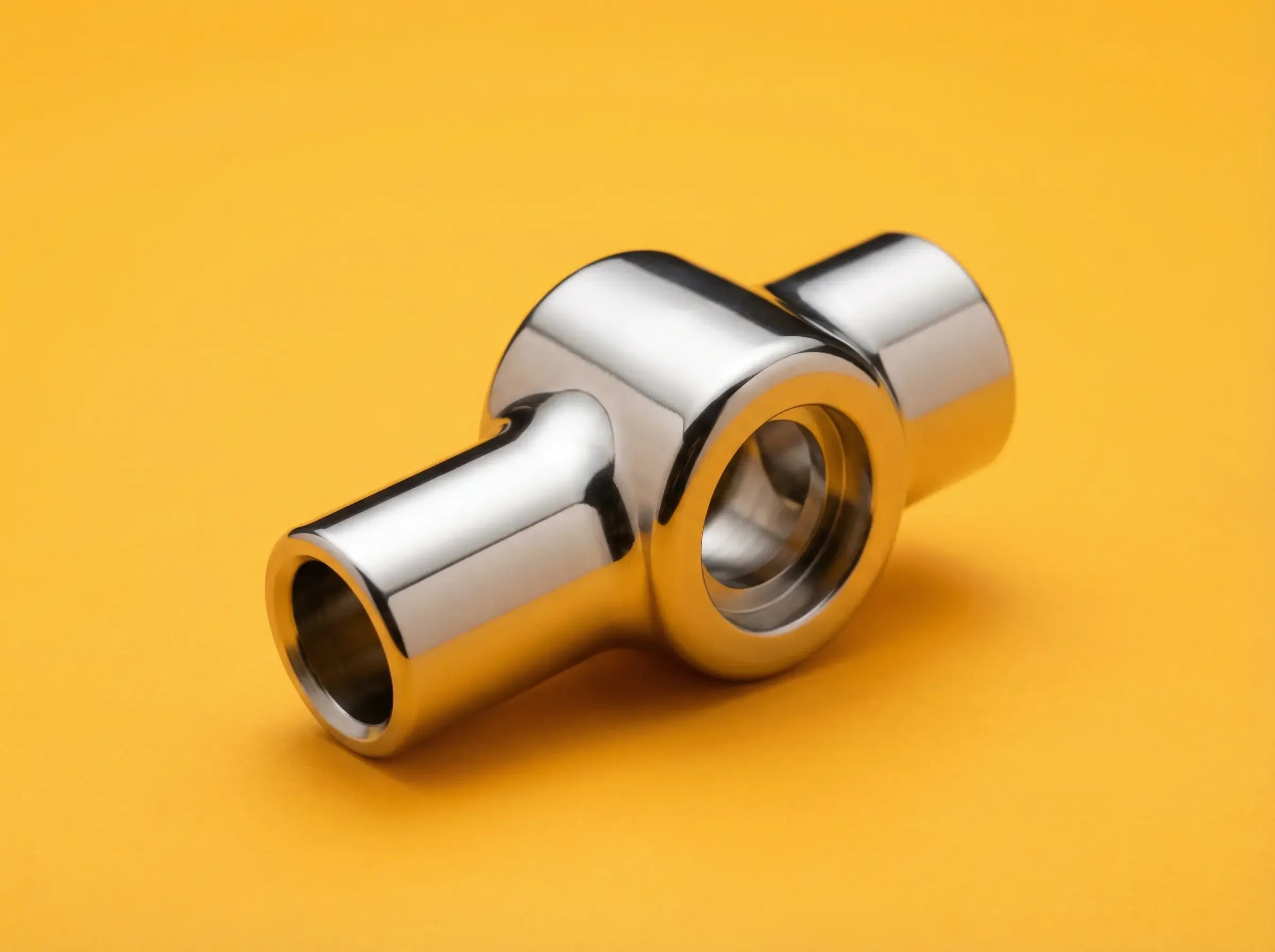 Close-up of two metallic roller bearings on a bright yellow background.