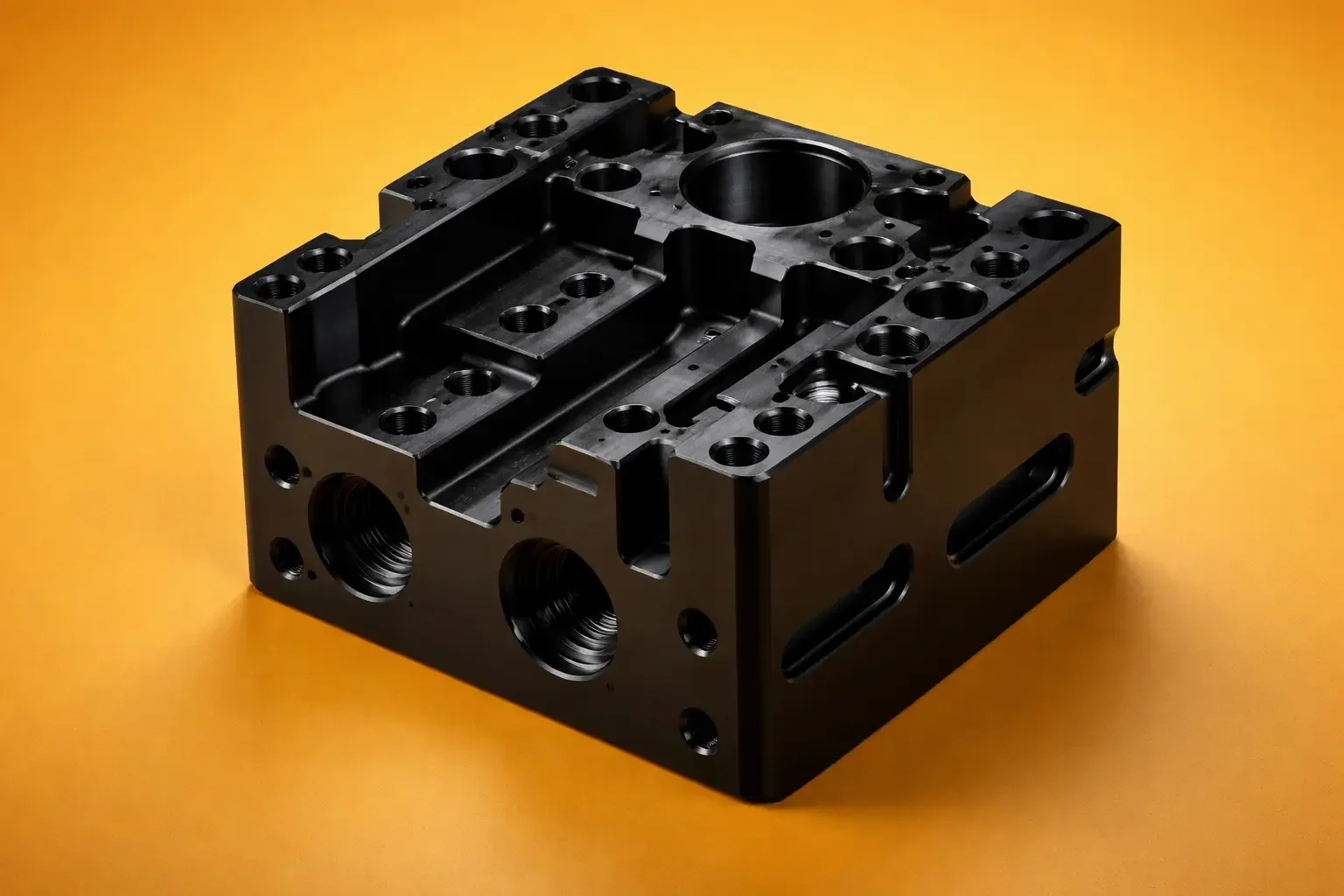 A black metal machine part with multiple holes and internal channels, set against a yellow background.