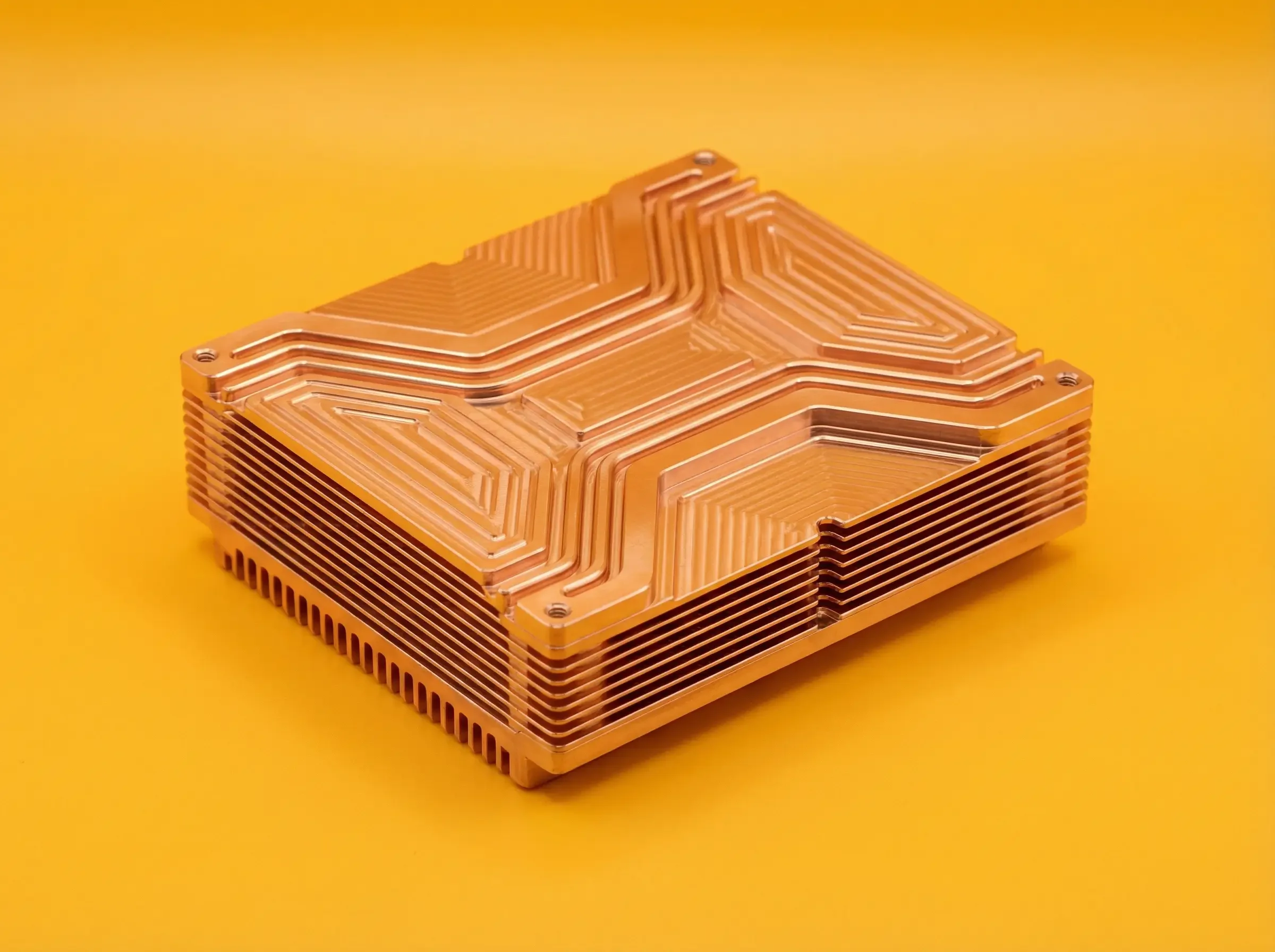 A copper-colored computer processor with a topographical design on its surface, set against a bright yellow background.