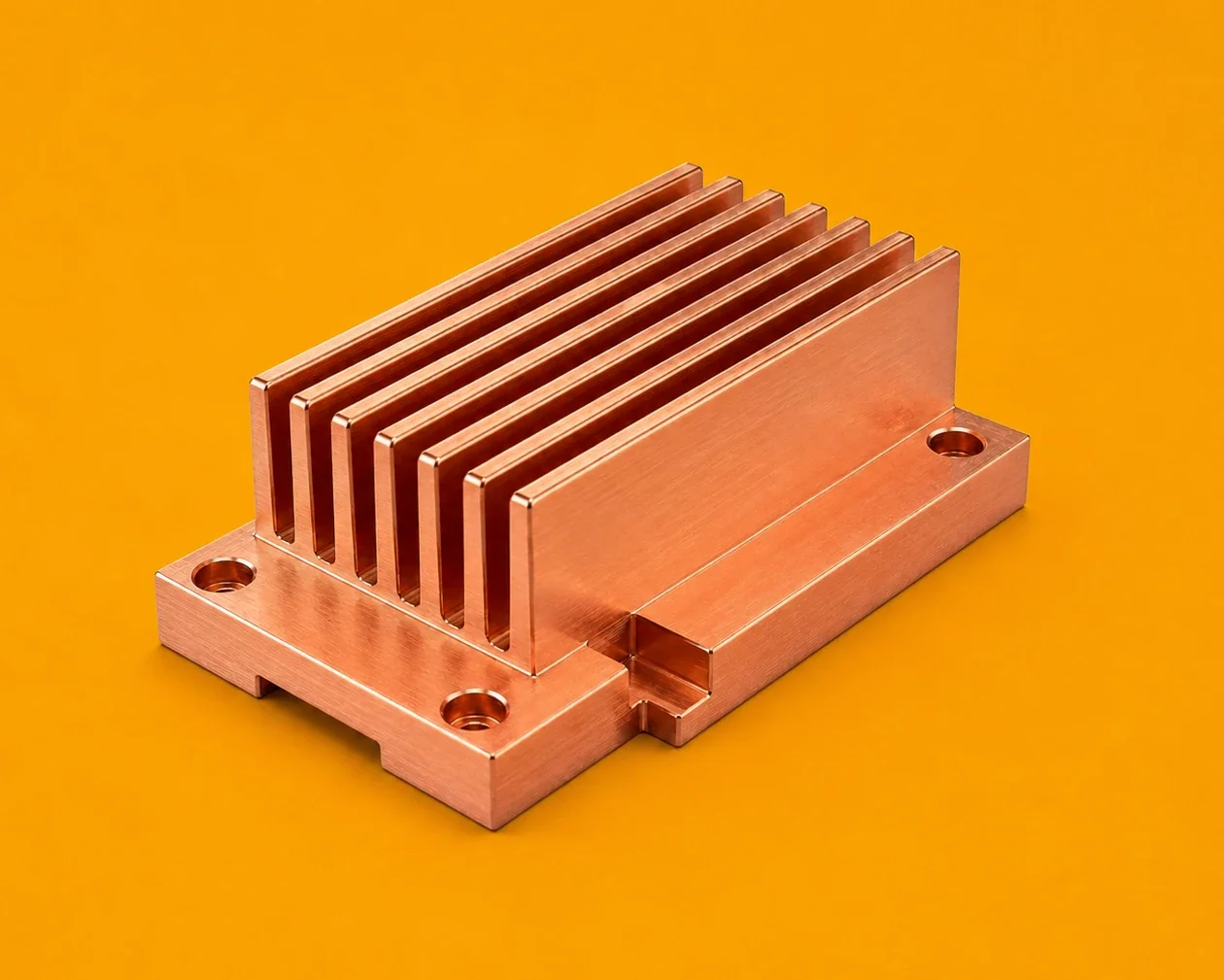 A copper heatsink with fins on a yellow background.