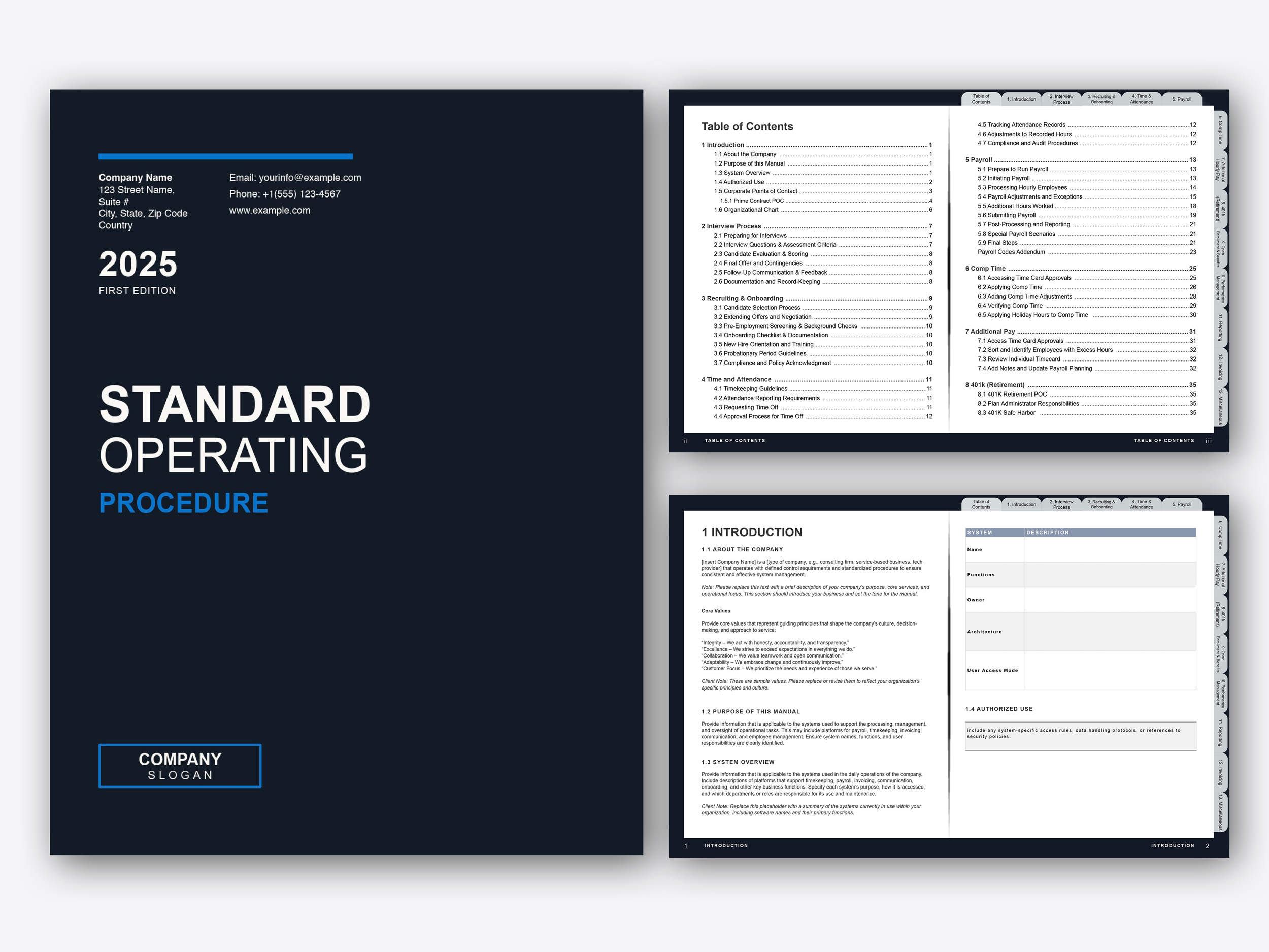 Cover page of a company operating manual titled 'Standard Operating Procedure 2025', with contact information, email, phone number, website, and placeholder for company slogan. Inside pages show the table of contents and sections of the manual.