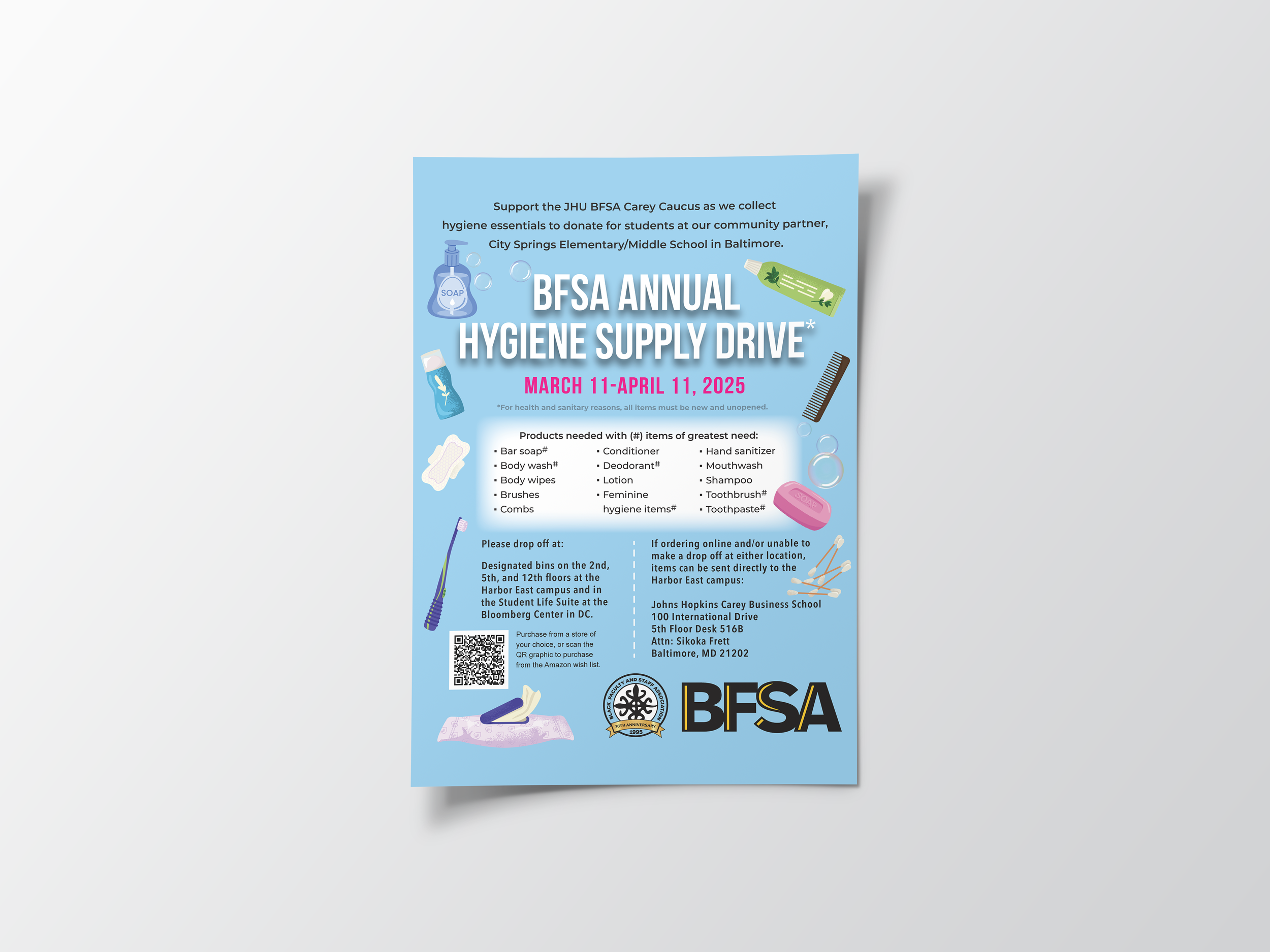 Flyer for BFSA Annual Hygiene Supply Drive, March 11-April 11, 2025, with illustrations of soap, sanitizer, wipes, toothbrush, toothpaste, and comb, providing drop-off locations and contact details.