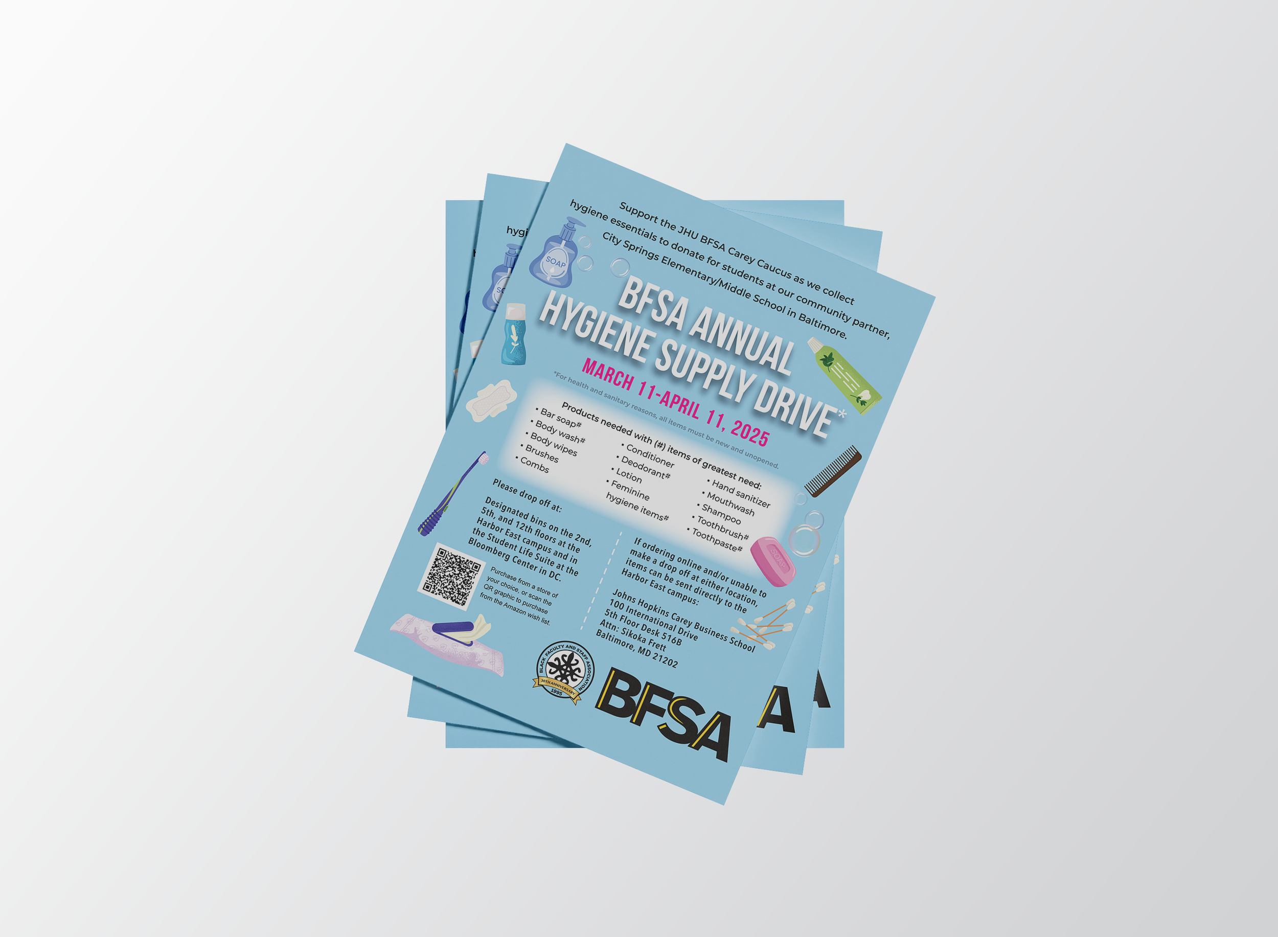 Flyer for the BESA Annual Hygiene Supply Drive with details on dates, needed items, drop-off locations, and contact information.