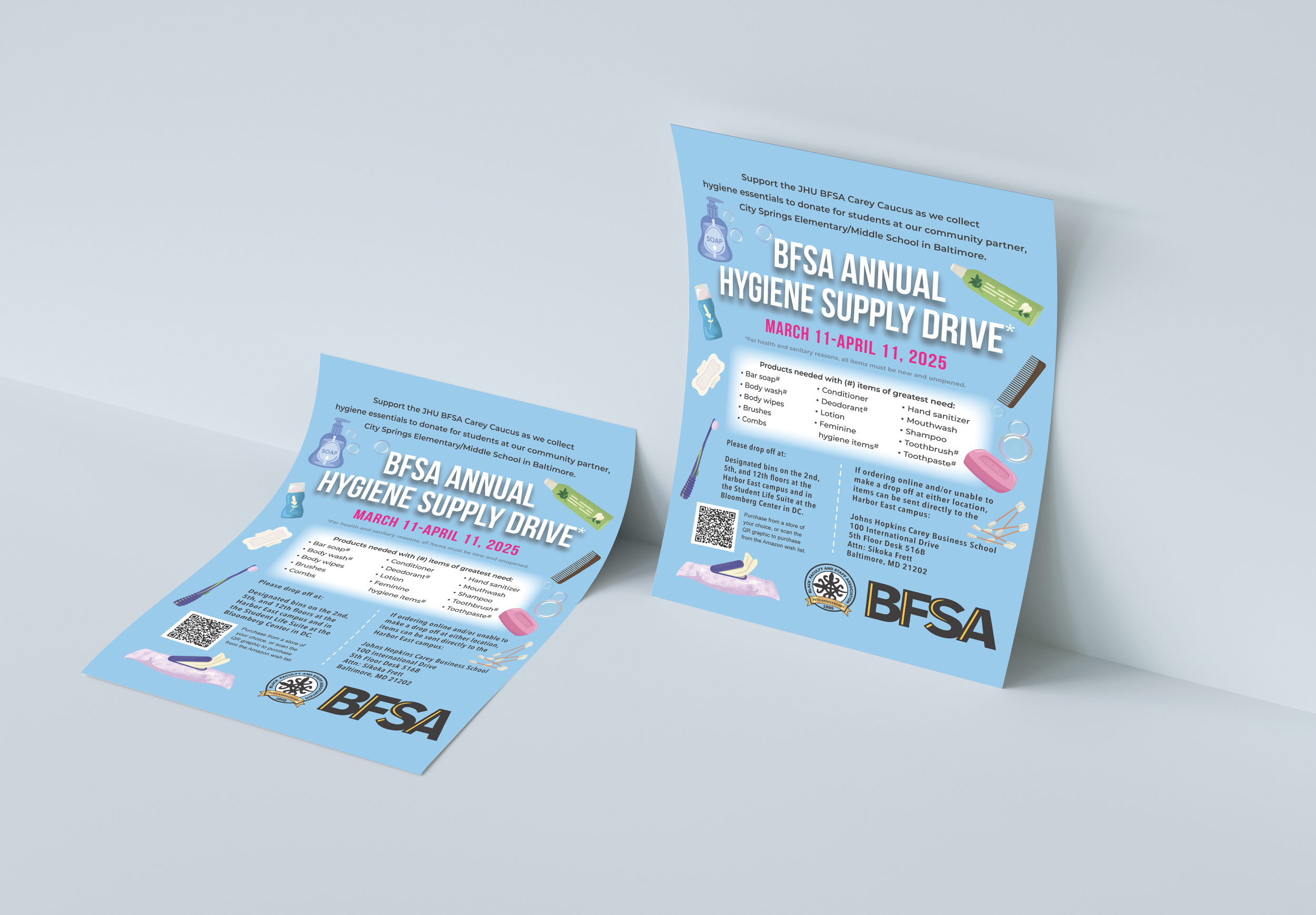 Flyer for BFSA Annual Hygiene Supply Drive with dates March 11 to April 11, 2025, and details on needed hygiene products, drop-off location, and contact information.