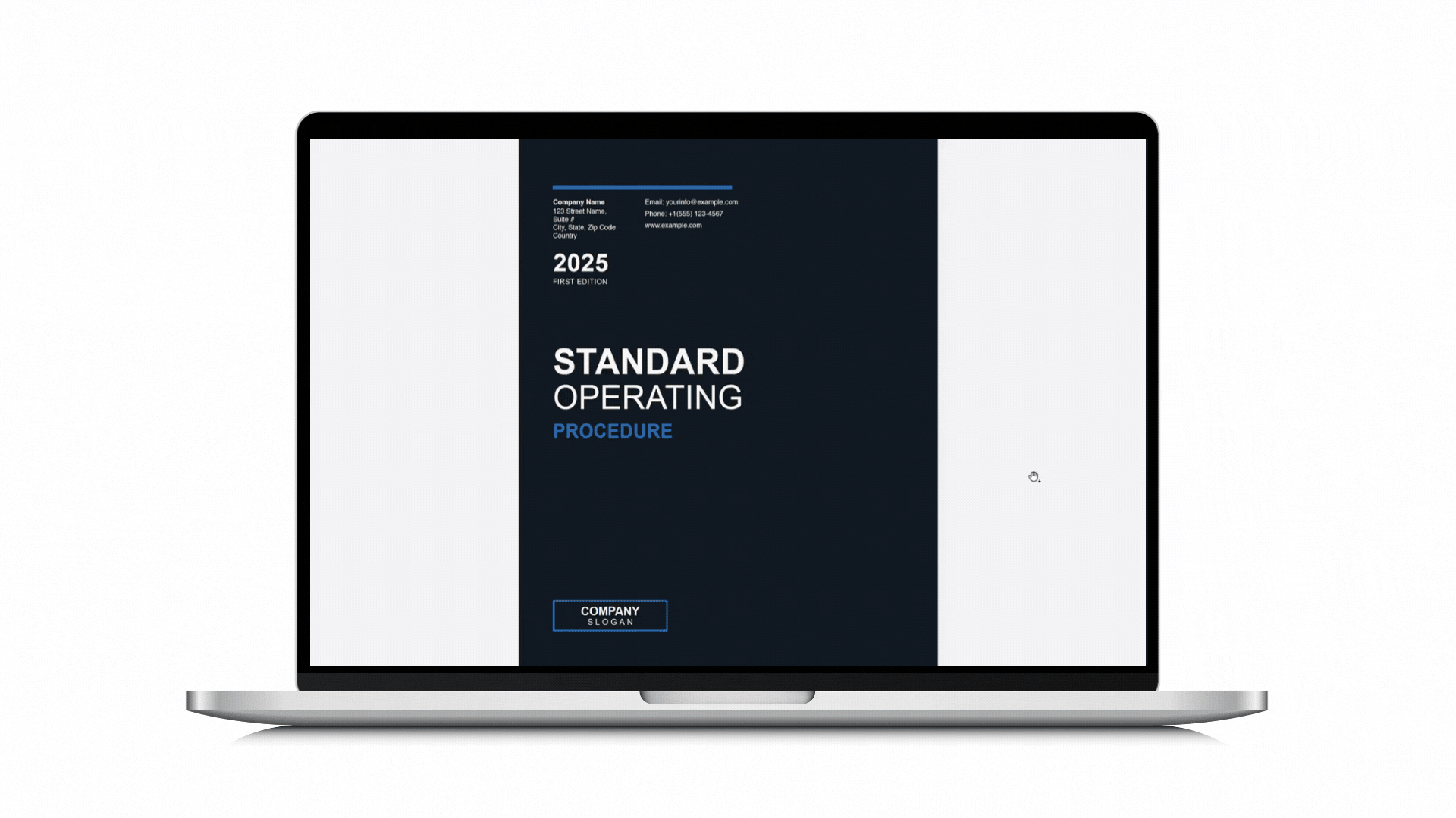 A laptop displaying a digital document titled 'Standard Operating Procedure' with a dark blue and white color scheme.