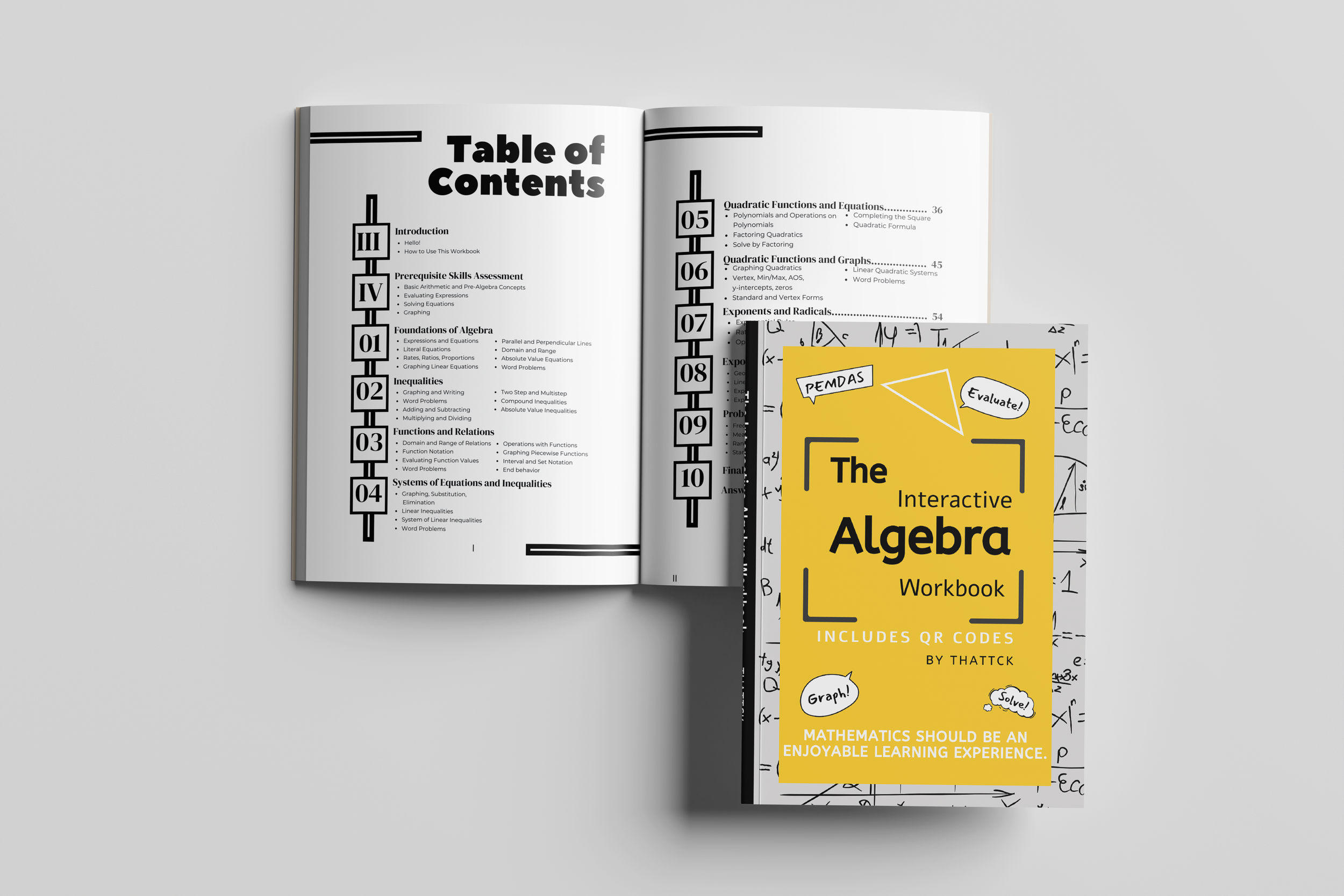 Open algebra workbook with yellow cover page titled "The Interactive Algebra Workbook" and a black and white textbook with a "Table of Contents" page left open. The workbook has doodles of graphs and mathematical symbols and includes QR codes.