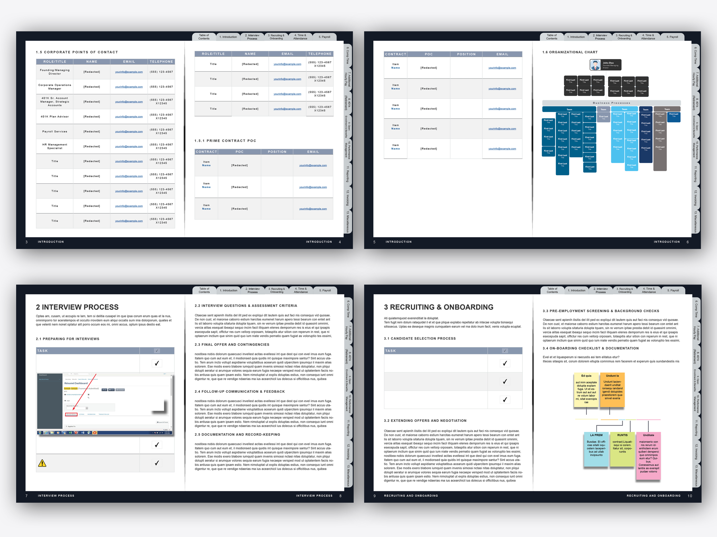 Open an employee handbook or training manual with sections on corporate contact points, organizational chart, interview process, and recruiting & onboarding.