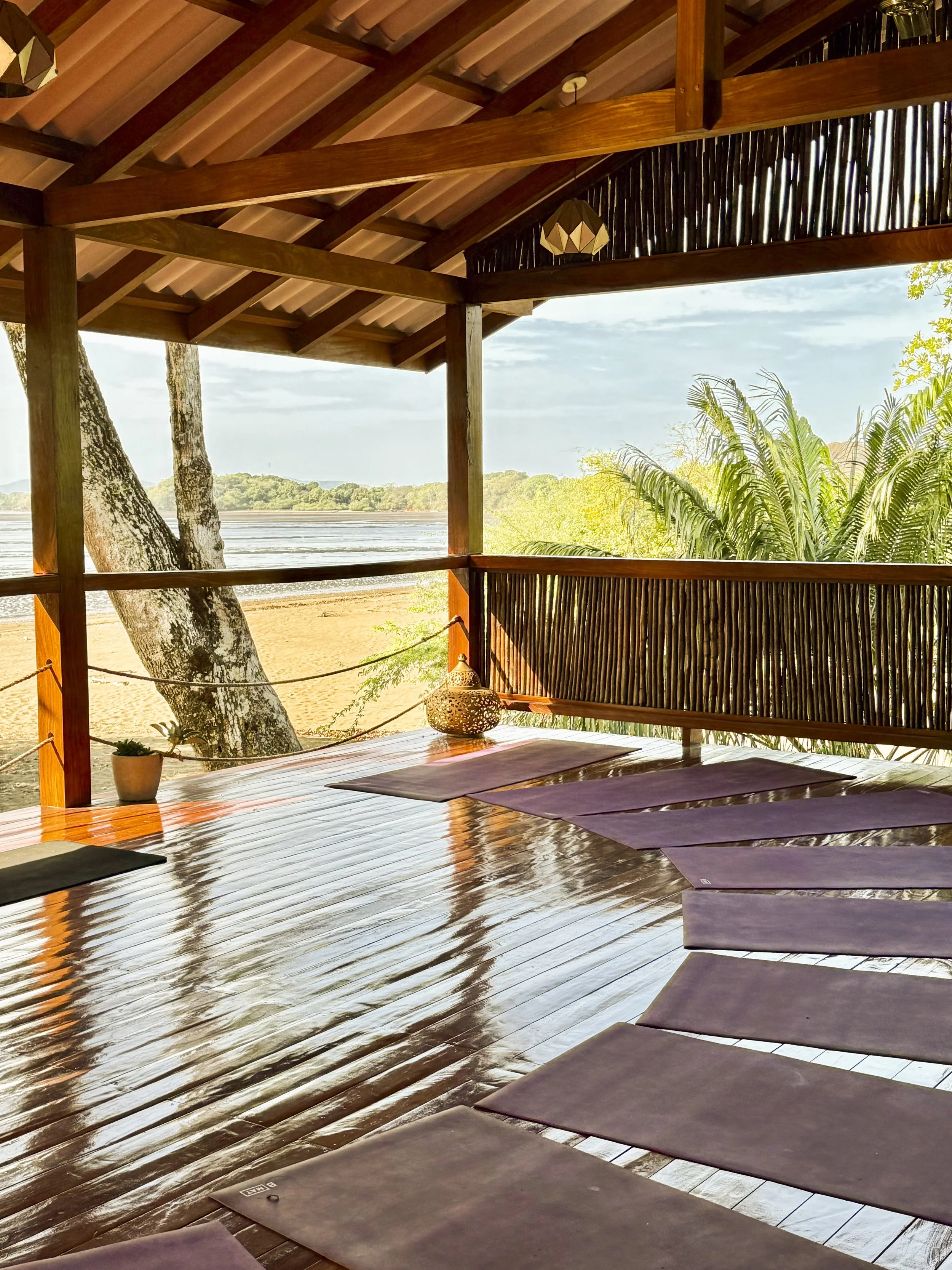 Wooden yoga deck overlooking a beach with yoga mats laid out and a scenic view of trees, water, and sky.
