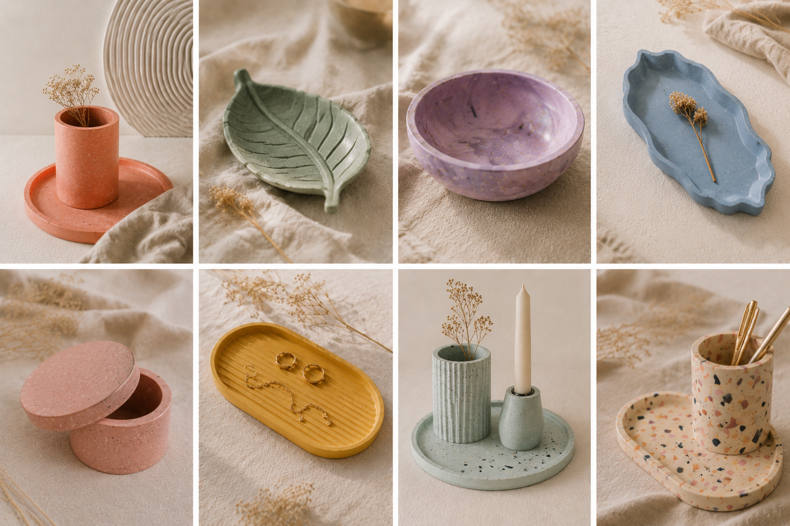Handgemachte Jesmonite - Schalen und Formen in Terrazzo - Optik, verschiedene Farben und Formen, Creative Little Farm Workshop, Workshop für Frauen, Jesmonite Workshop Luxemburg und Rheinland.Pfalz, DIY Workshop