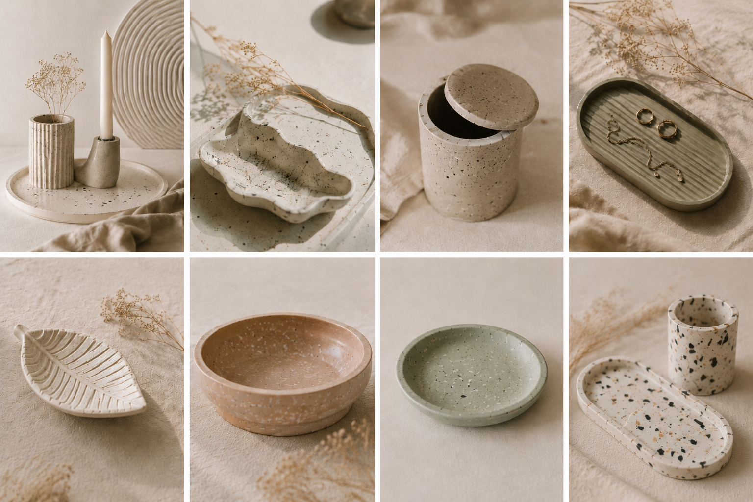 Handgemachte Jesmonite - Schalen und Formen in Terrazzo - Optik, verschiedene Farben und Formen, Creative Little Farm Workshop, Workshop für Frauen, Jesmonite Workshop Luxemburg und Rheinland.Pfalz, Jesmonite Deko Vasen und Schalen, DIY Workshop