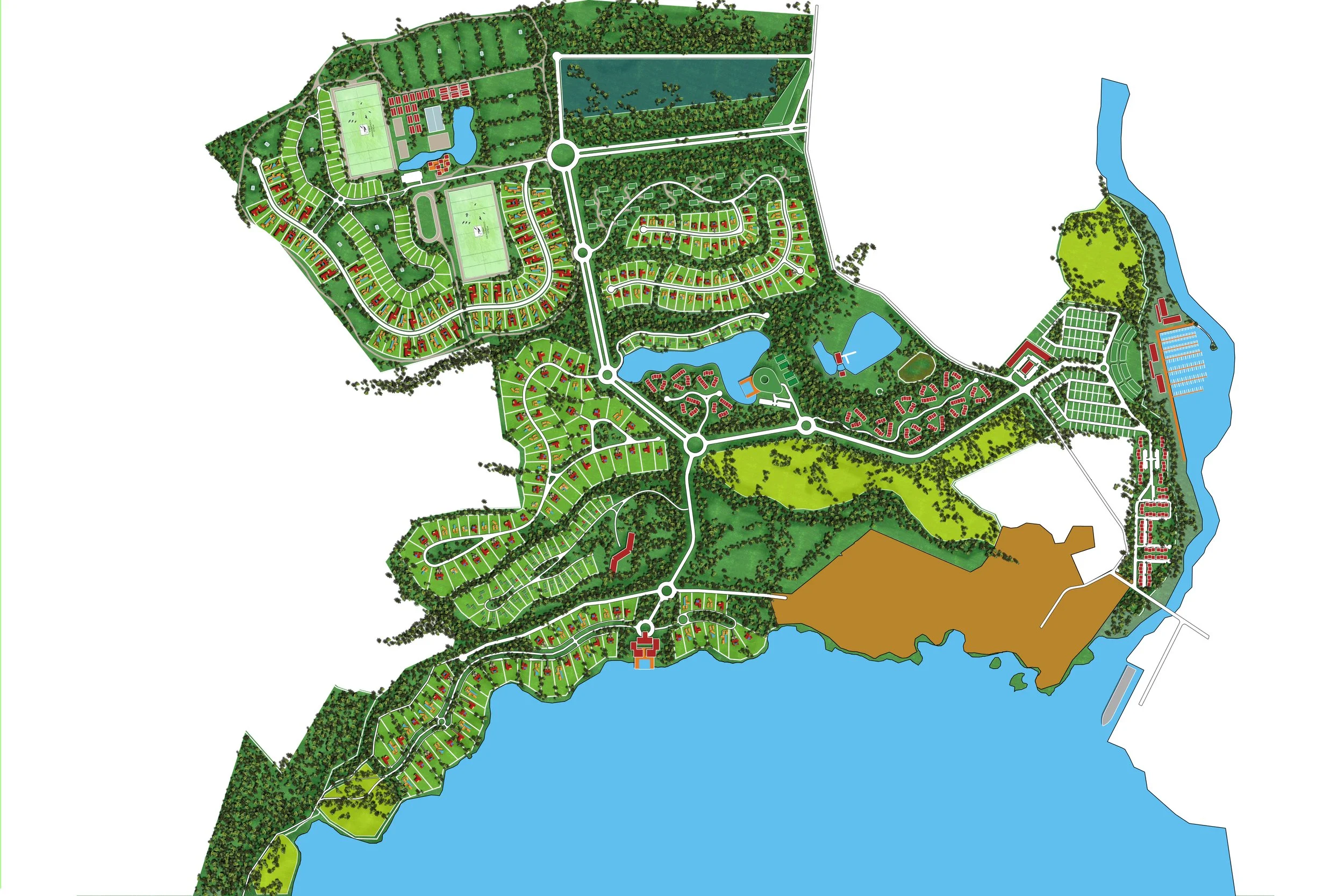 A detailed master plan of a large residential community featuring houses, apartments and condos, roads, lakes, parks, sports fields, equestrian center, and green spaces next to the ocean and a small fishing town in the Dominican Republic.