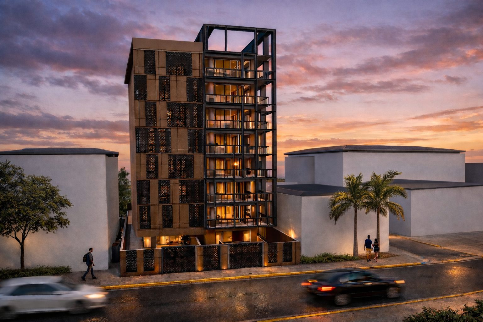 A modern luxury residential tower in Santo Domingo with illuminated interior and breeze block cladding with lights coming out the windows during sunset, with palm trees and a road with moving cars in the foreground.
