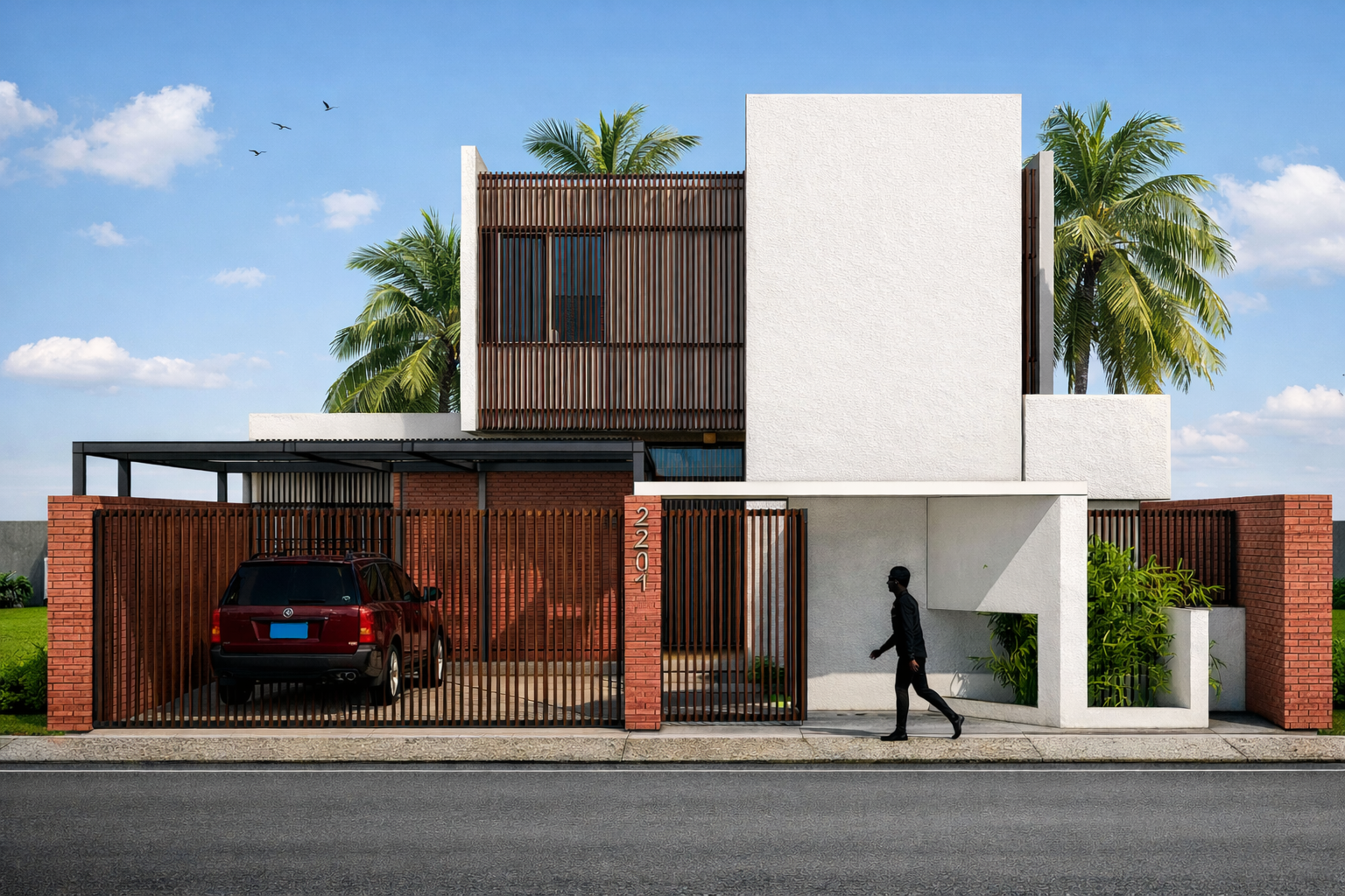Modern tropical house in Higuey, Dominican Republic, with a brick and white textured concrete exterior, metal pergola carport and wooden accents, driveway gated with metal and wood, palm trees in the background, and a person walking on the sidewalk.