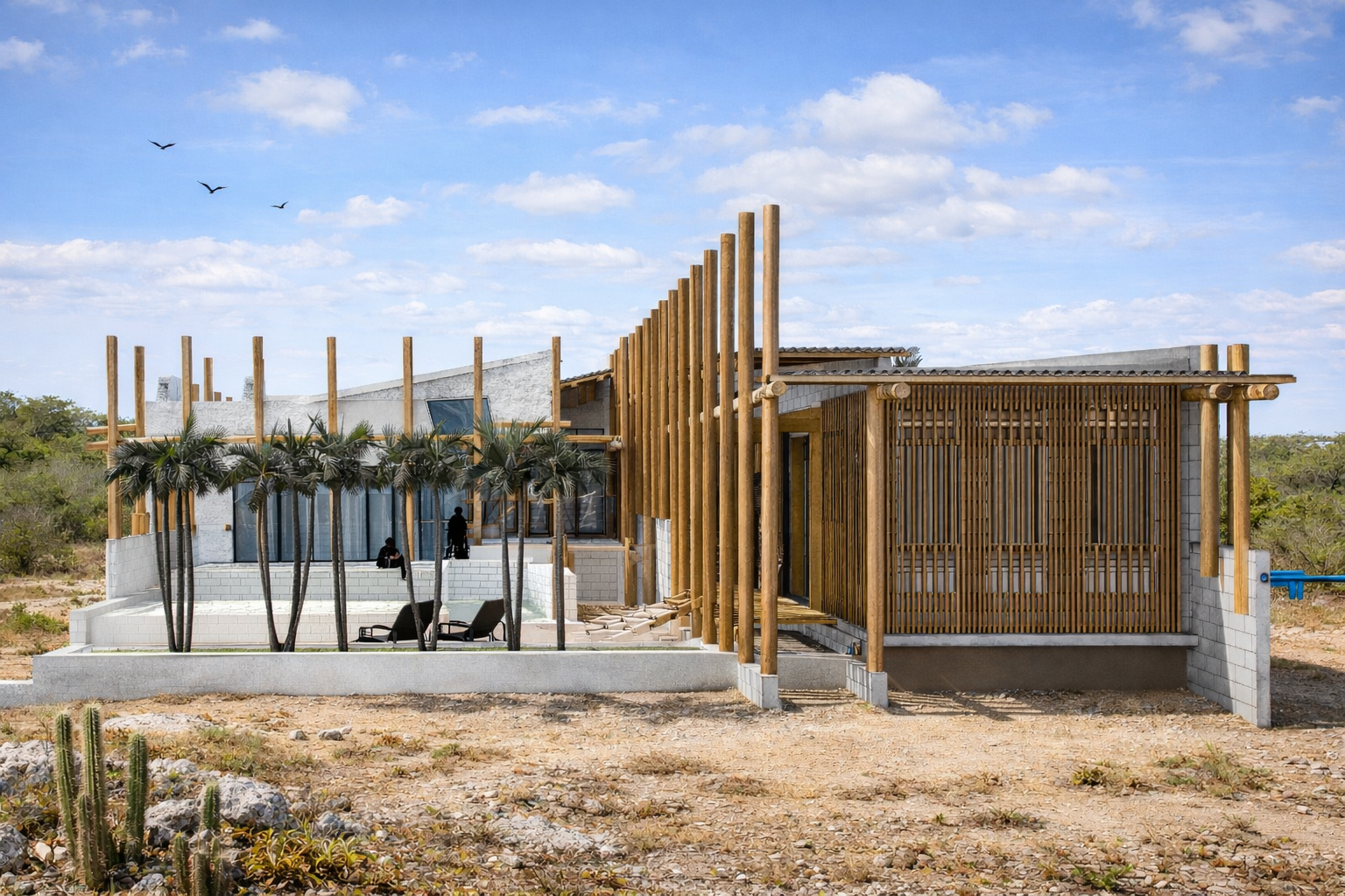 A modern cottage with a combination of wood and concrete materials, featuring vertical wood poles, glass windows, and a patio area with lounge chairs, palm trees, and a plunge pool in a dry landscape with cacti and sparse vegetation.